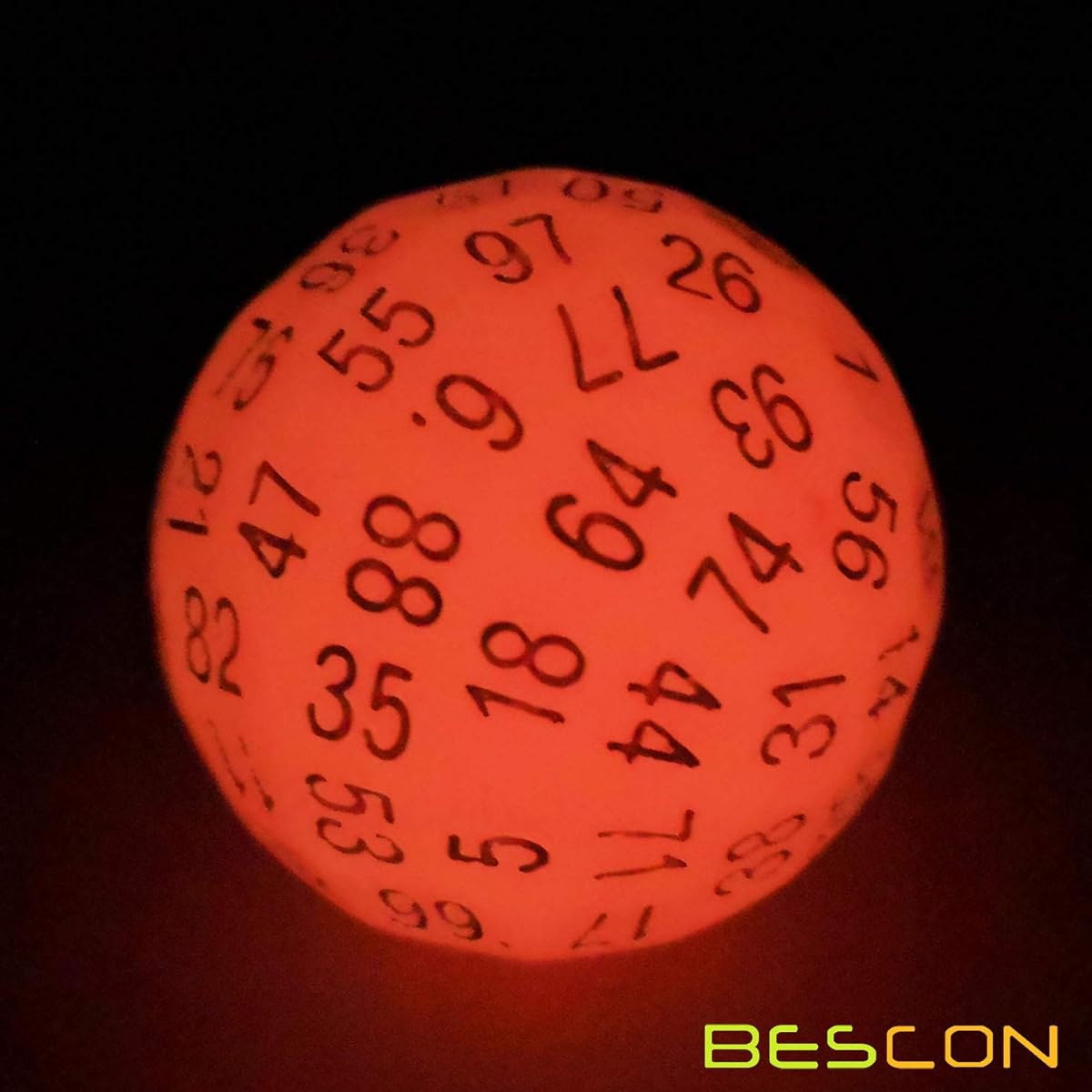 Bescon Glowing Polyhedral Dice 100 Sided Dice Red Fluorescent D100 Dice 100 Sided Cube Glow in the Dark D100 Game Dice