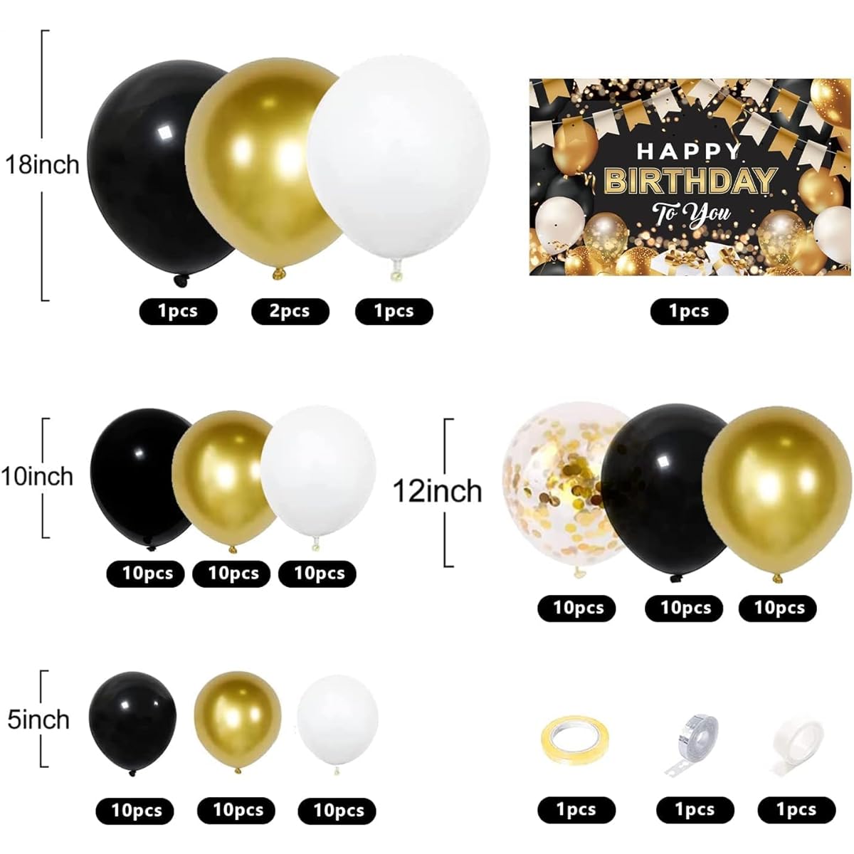 Birthday Party Decorations Black & Gold 95pcs White Metallic Chrome Gold Confetti Balloons 180cm x 110cm Background Banner Package Boys Men Birthday Party Supplies