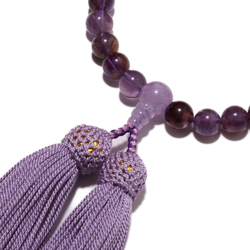 Prayer beads <Made in Japan> Women's high-quality natural stone Root Amethyst with Fujigumo stone Pure silk tassel (tassel color wisteria) Made in Japan Comes with a prayer bead bag Handmade Prayer beads Can be used by all sects [A long-established praye