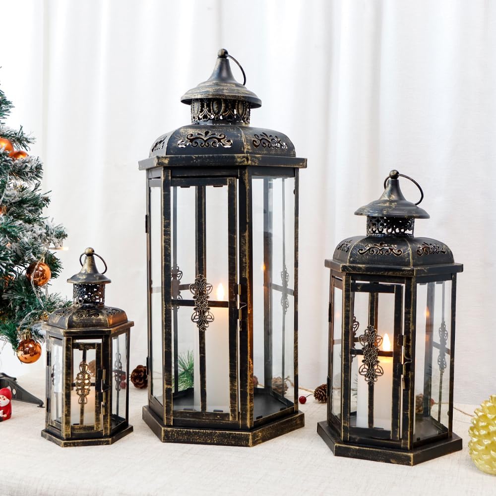JHY DESIGN Set of 3 Candle Lanterns Height 25&36&50CM Old Candle Holder Vintage Candlestick Candle Stand Indoor/Outdoor Stylish Interior Goods Bar Office Room Wedding Birthday Christmas Present (Black)