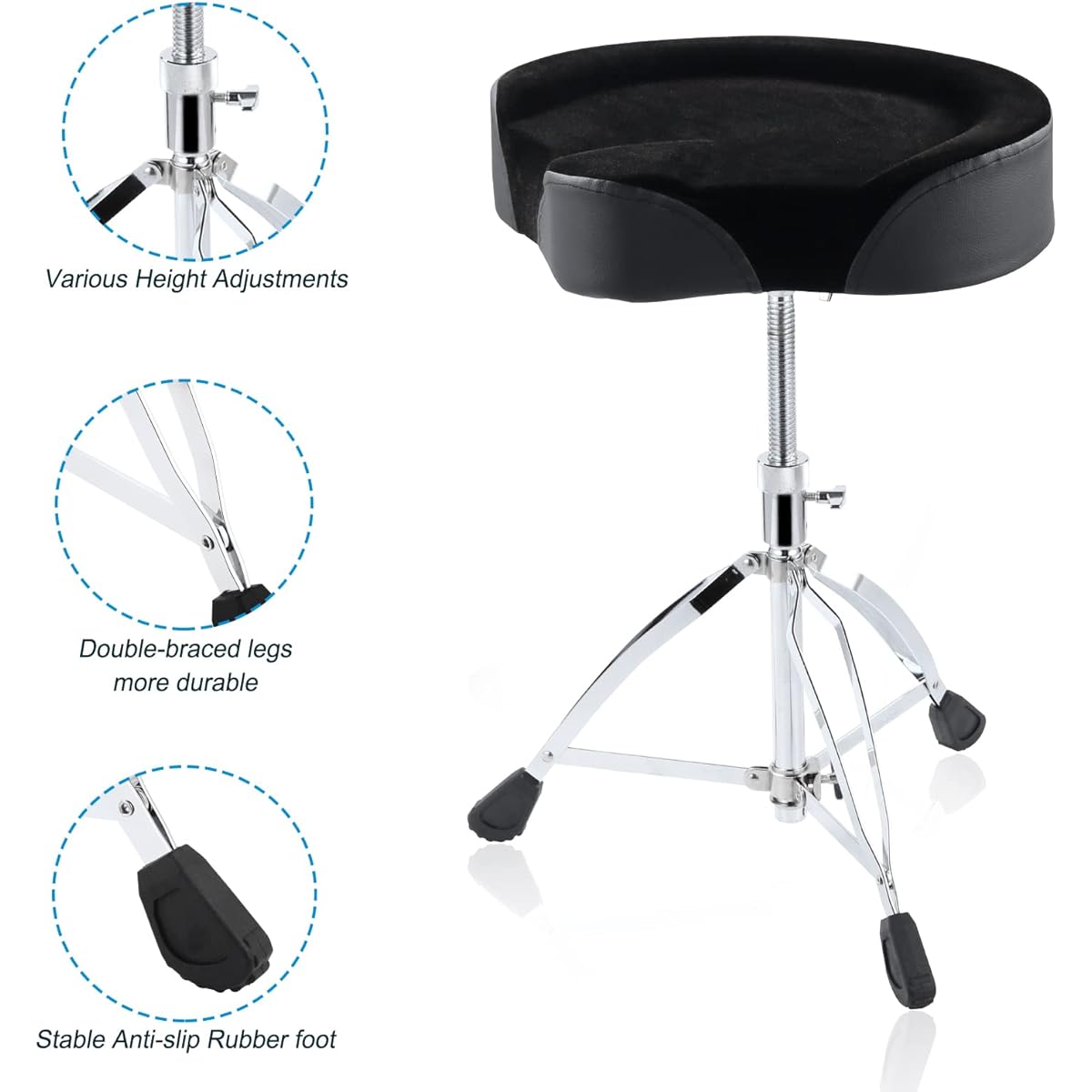 Drum Throne Drum Stool Height Adjustable Chair Heavy Duty Motorcycle Style Seat with 5A Drumsticks for Drummers