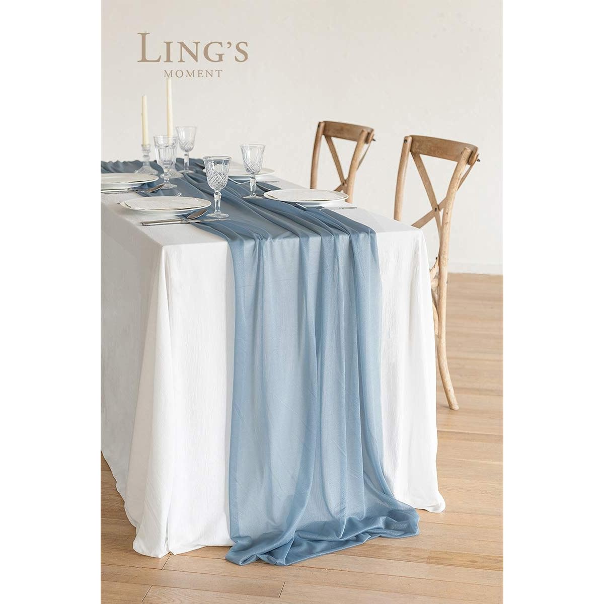 Ling's moment 6 Pack 10ft Sheer Table Runner Chiffon Look Table Decor for Wedding Rustic Boho Shower Parties (Dusty Blue Set of 6)