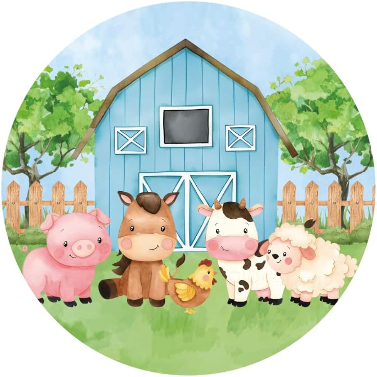 AWERT Polyester 6ft Diameter Cartoon Farm Round Backdrop Blue Barn Green Grass Farmland Animals Cow Pig Background for Kids Girls Baby Shower Birthday Party Decoration Studio Booth Props