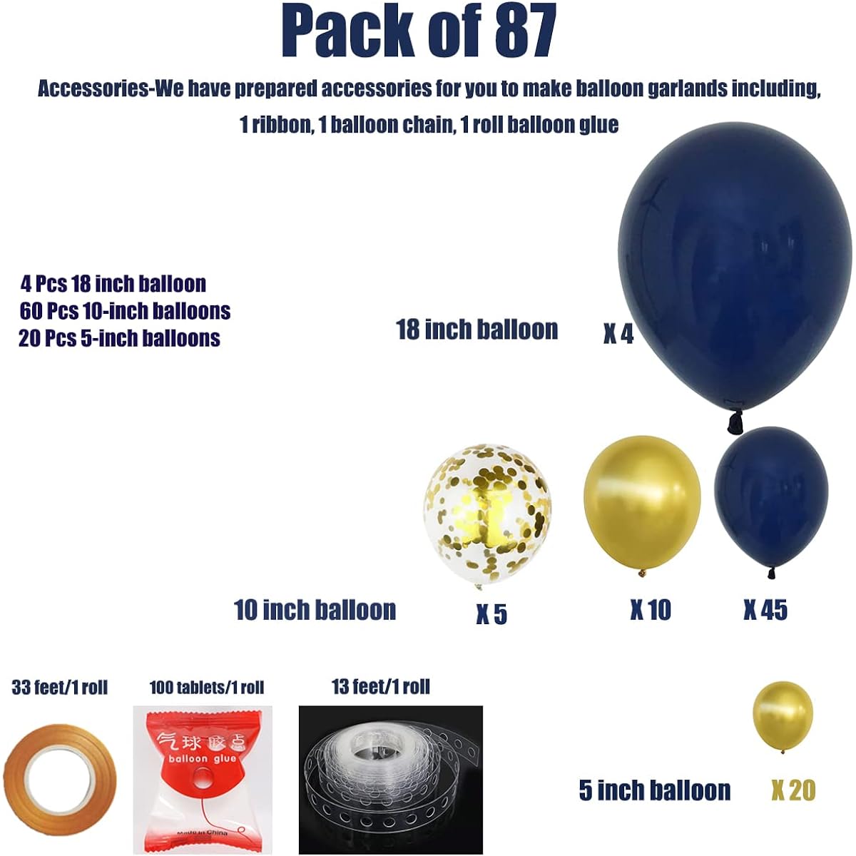 Latex Balloons Navy Blue Gold Balloon Garland, Metallic Gold Navy Blue Gold Confetti Latex Balloons, 45.72cm 10.44cm 5" Latex Balloons Graduation Birthday Party Baby Shower Decorations, Pack of 87