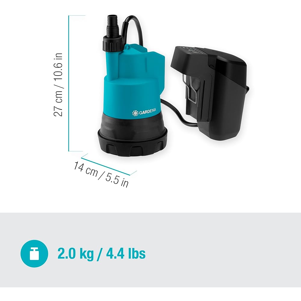 GARDENA Rechargeable Submersible Pump (For Fresh Water/Body Only) 2000/2 Clear 18V P4Asolo (Compatible with Power for All Alliance 18V Battery System) 14600-56