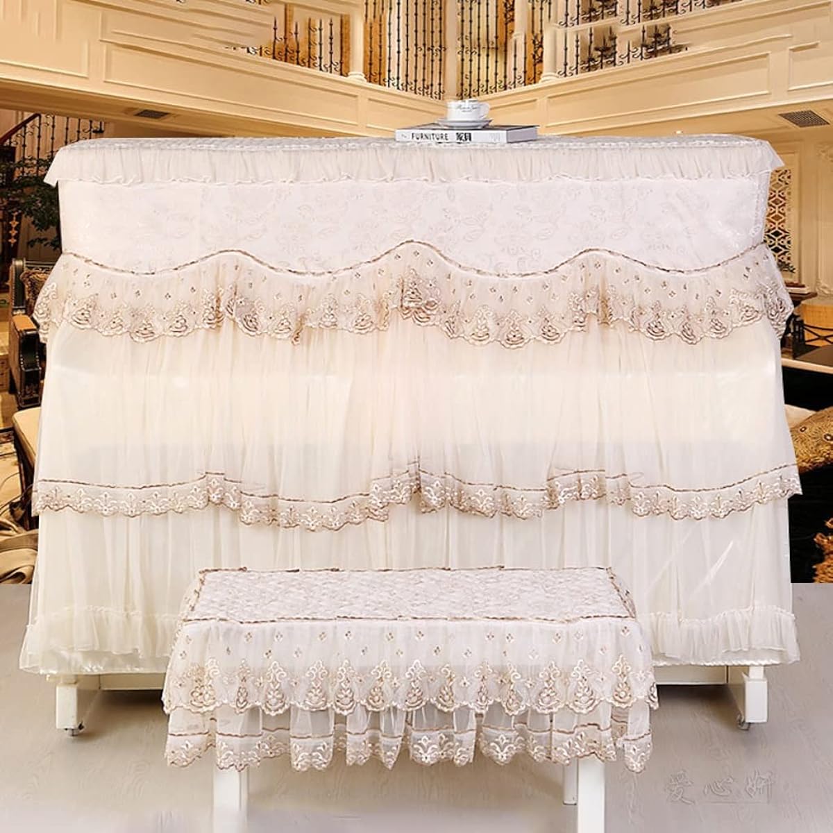 European-style piano cover, lace fabric decorative upright piano cover pastoral style home full piano cover dustproof cover piano bench cover vertical piano universal (Size : Stool Cover 58*38cm)
