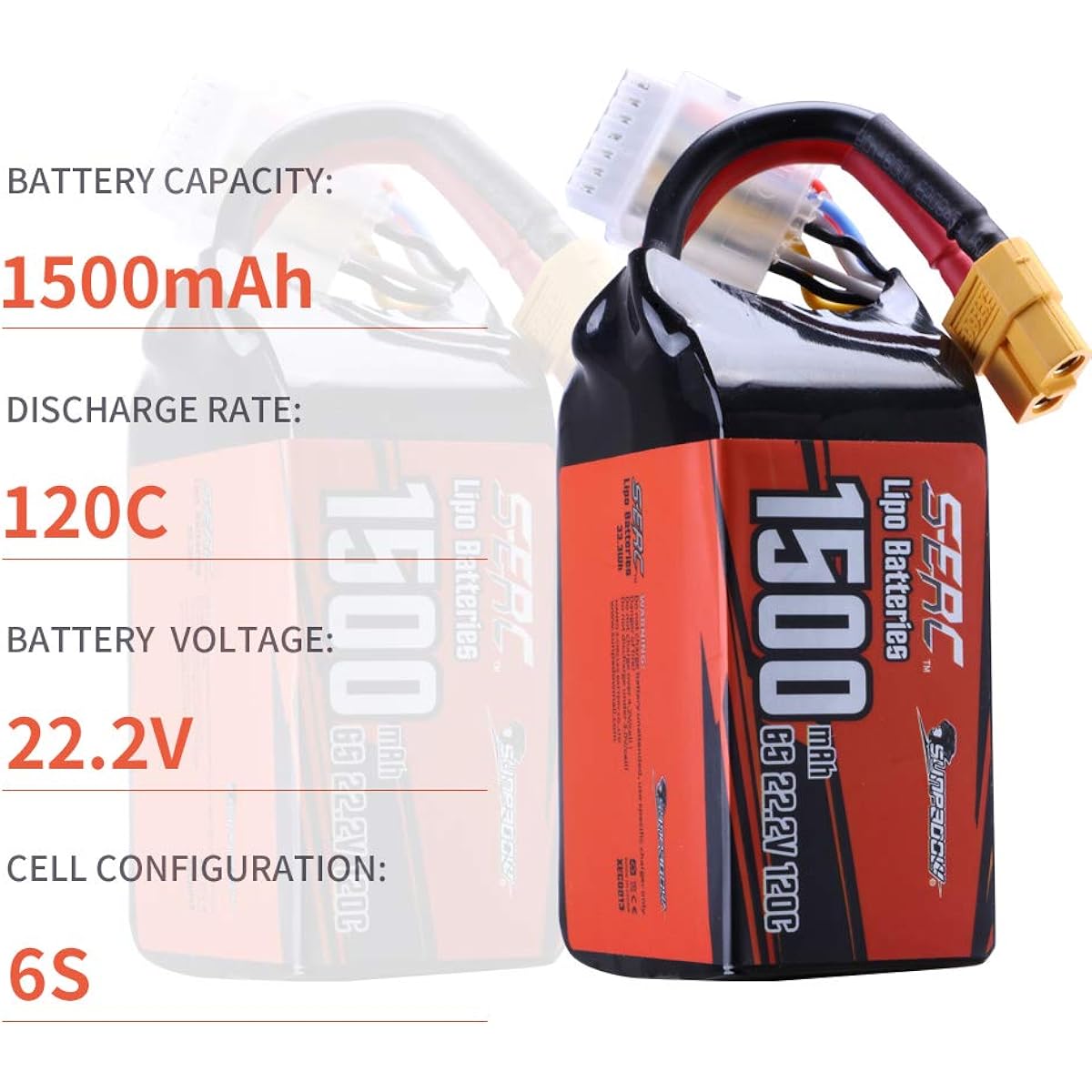SUNPADOW 22.2V 1500mAh 6S 120C Lipo Battery Pack with XT60 Plug for FPV, Drones, 2 Packages