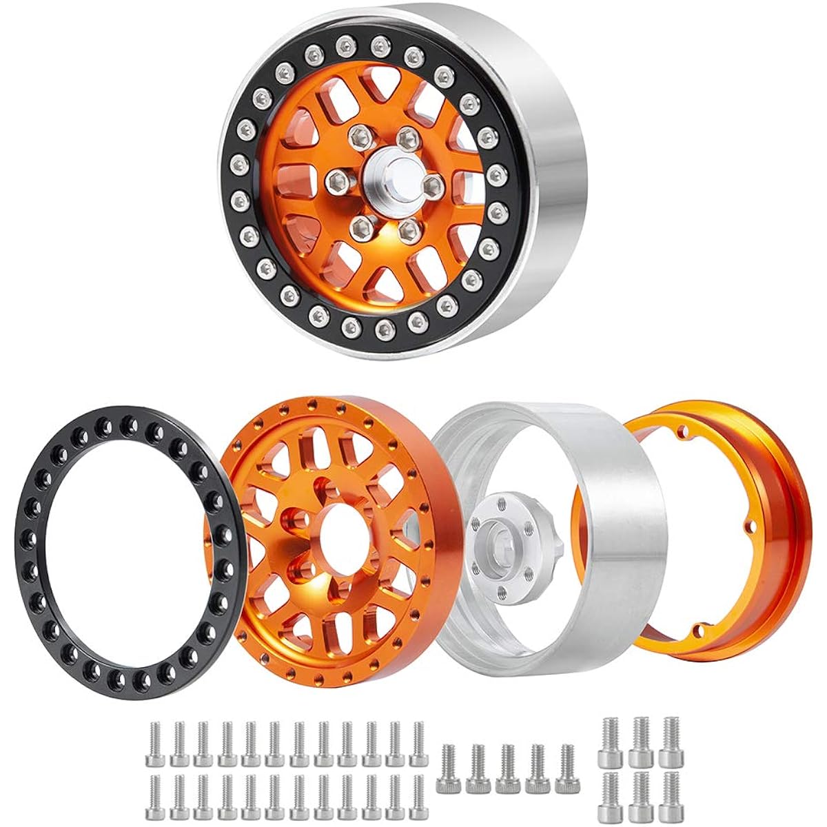 1.9 inch Alloy Beadlock Crawler Wheel Rim Set RC 1/10 Crawler Car TRX-4 SCX10 CC01 F350 RC4WD D90 90034 90026 90046 SCX10 III AXI03007 4 Pack (Orange+Black)