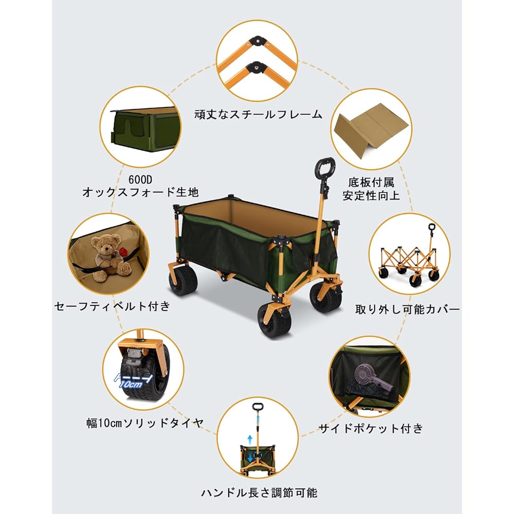 Kotesoto Carry Wagon, 10cm Wide Large Tire Cart, Outdoor, Compact Storage, Large Capacity 130L, Load Capacity 100kg, Camping, Folding, Handle Up to 108cm, Solid Tire, Leisure, Sports Day, Beach, Fishing, BBQ, Green