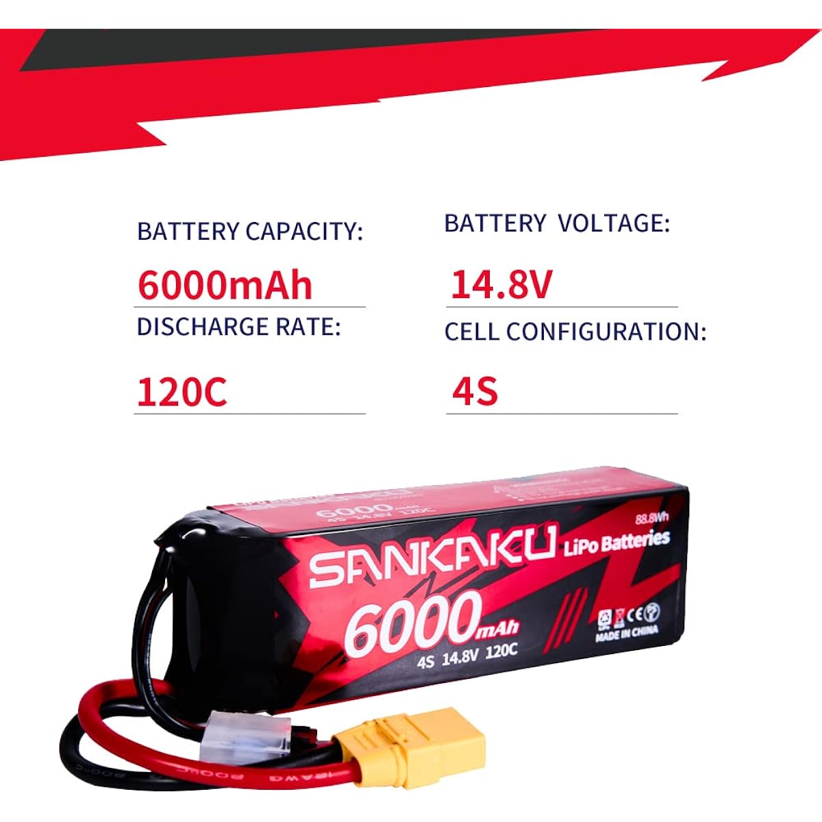 SANKAKU 6000mAh 120C RC Lipo Battery 14.8V 4S Soft Pack with XT90 Connector Applicable for RC Car Tank Vehicle Truck Buggy Racing Hobby
