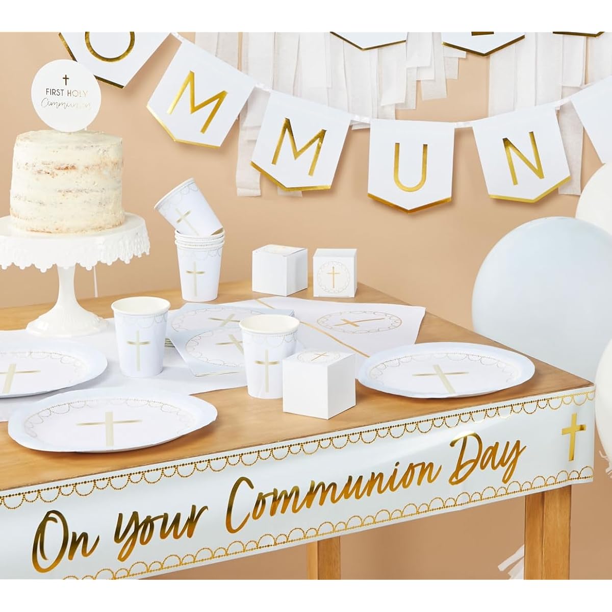 Amscan 9915637 Botanical Celebration Christening Banner Decor Gold