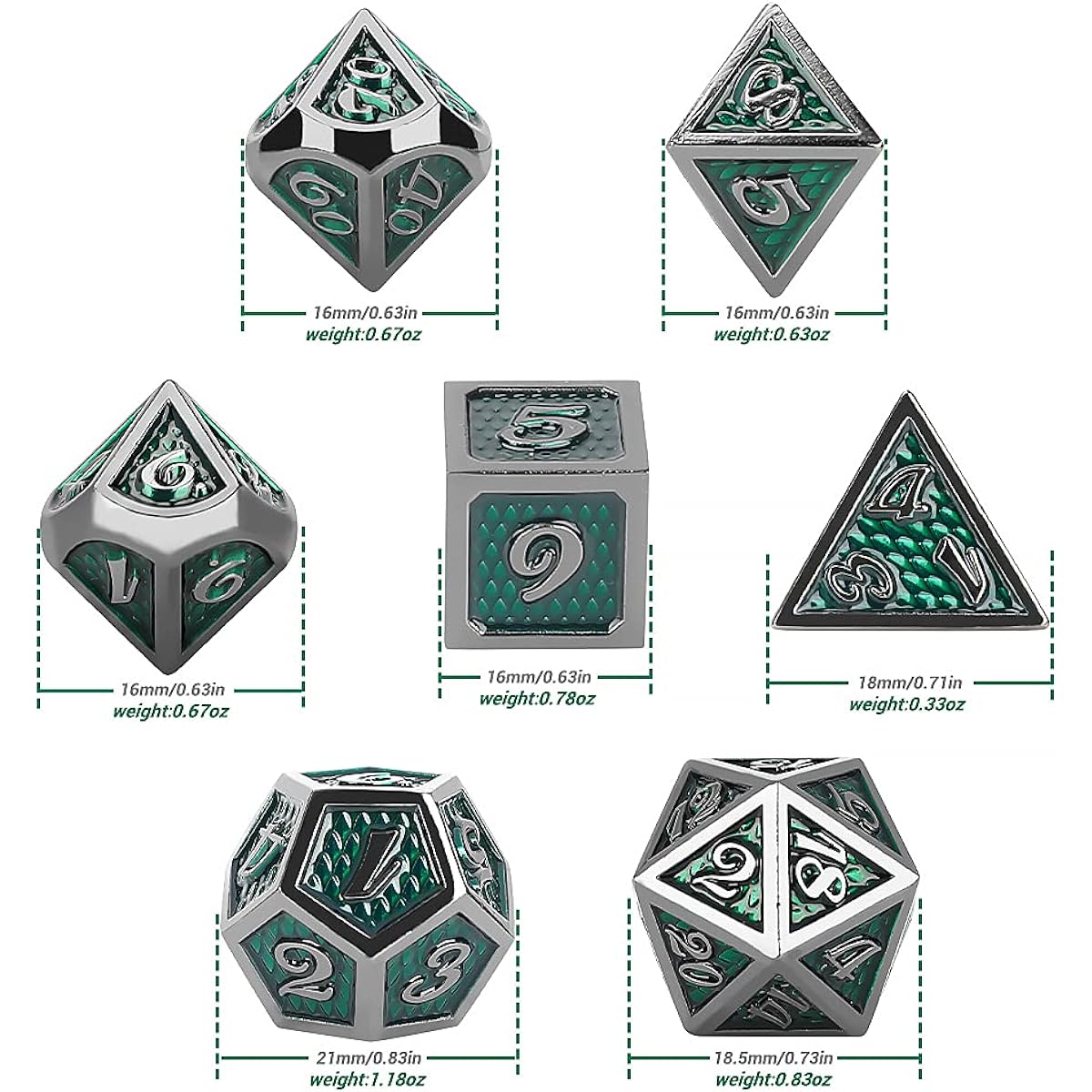 DND 7-Piece Metal Dice Set with Storage Box, Skull D&D Dice Set with Extra Large D20 for Tabletop Role Playing Games Dungeons & Dragons DND D&D (Green)