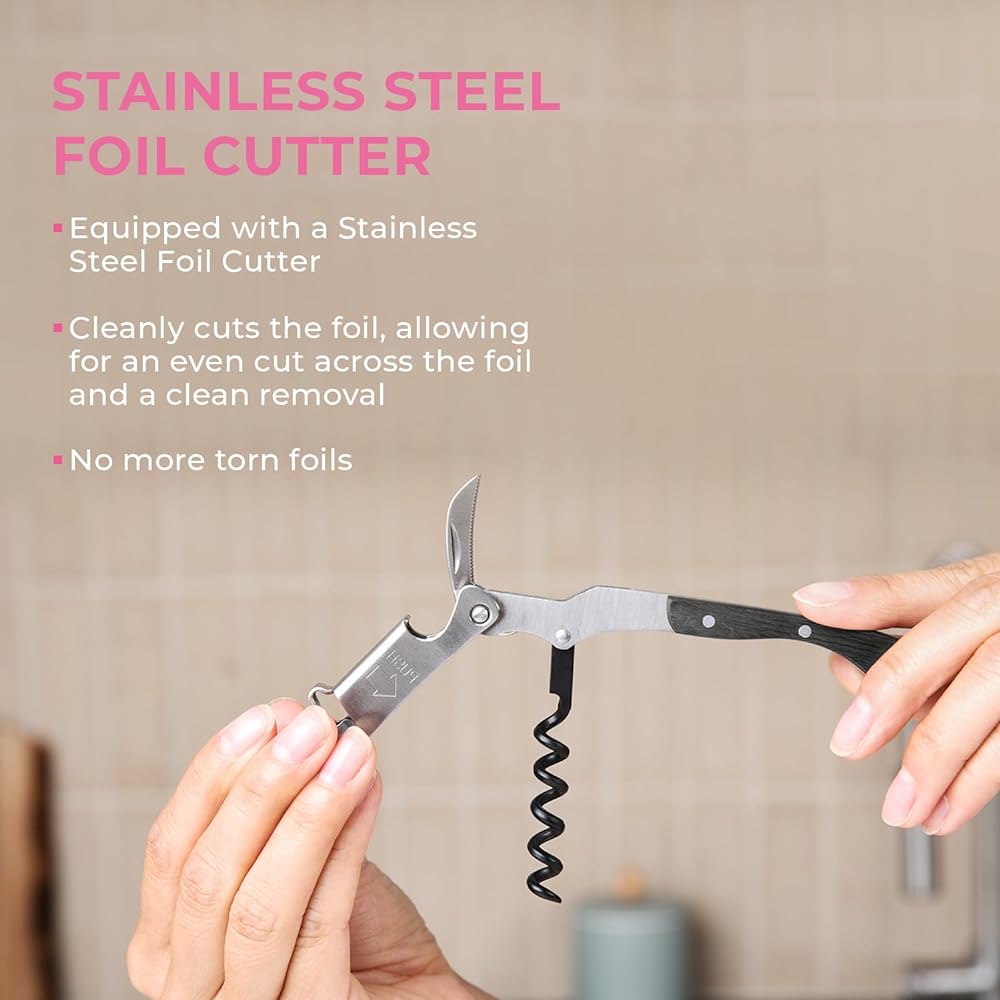 Coutale Sommelier Pocket Prestige Waiters Corkscrew - Black Wood - French Patented Spring Loaded Double Lever Wine Bottle Opener for Bartenders and Gifts - Sharp Micro Serrated Knife