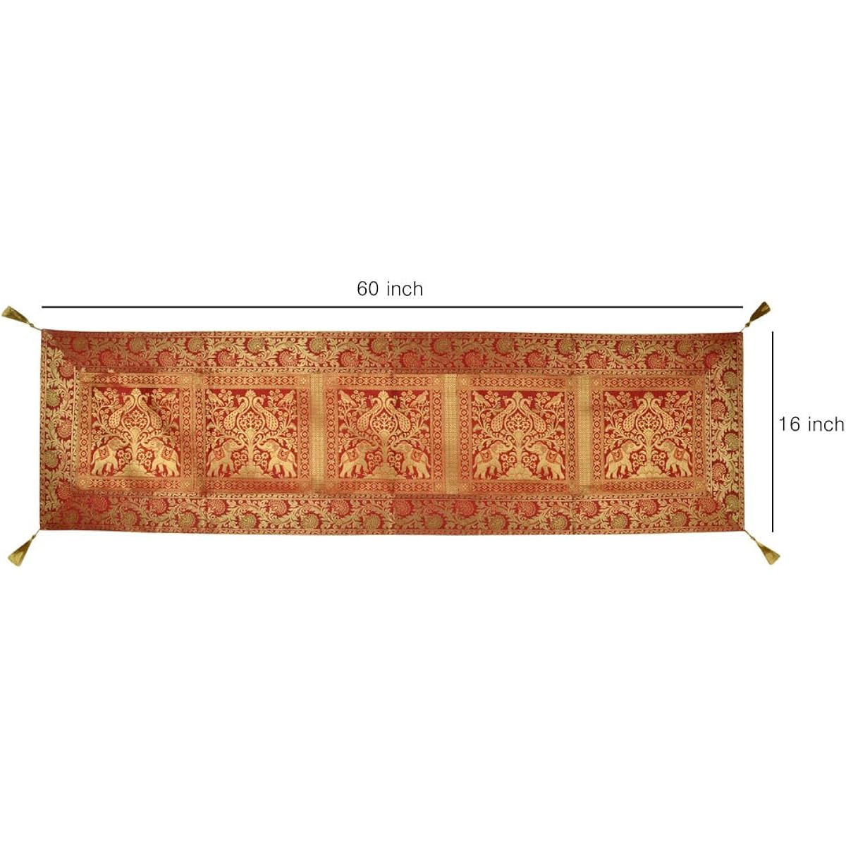 Lalhaveli Indian Black Rectangular Peacock Elephant Design Silk Table Runner 152 x 41 Cm