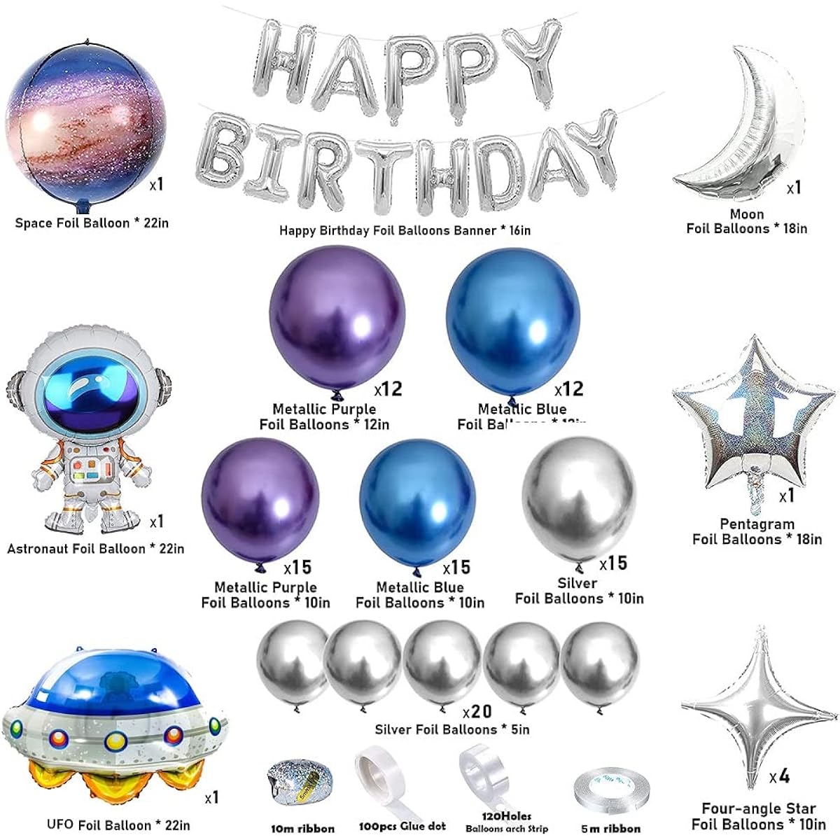 Boojarr 113pcs Space Birthday Party Decorations Metallic Balloons Garland Arch Kit Happy Birthday Galaxy Rocket Astronaut Moon Star Foil Balloons for Boys Kids Birthday Party Decorations Supplies