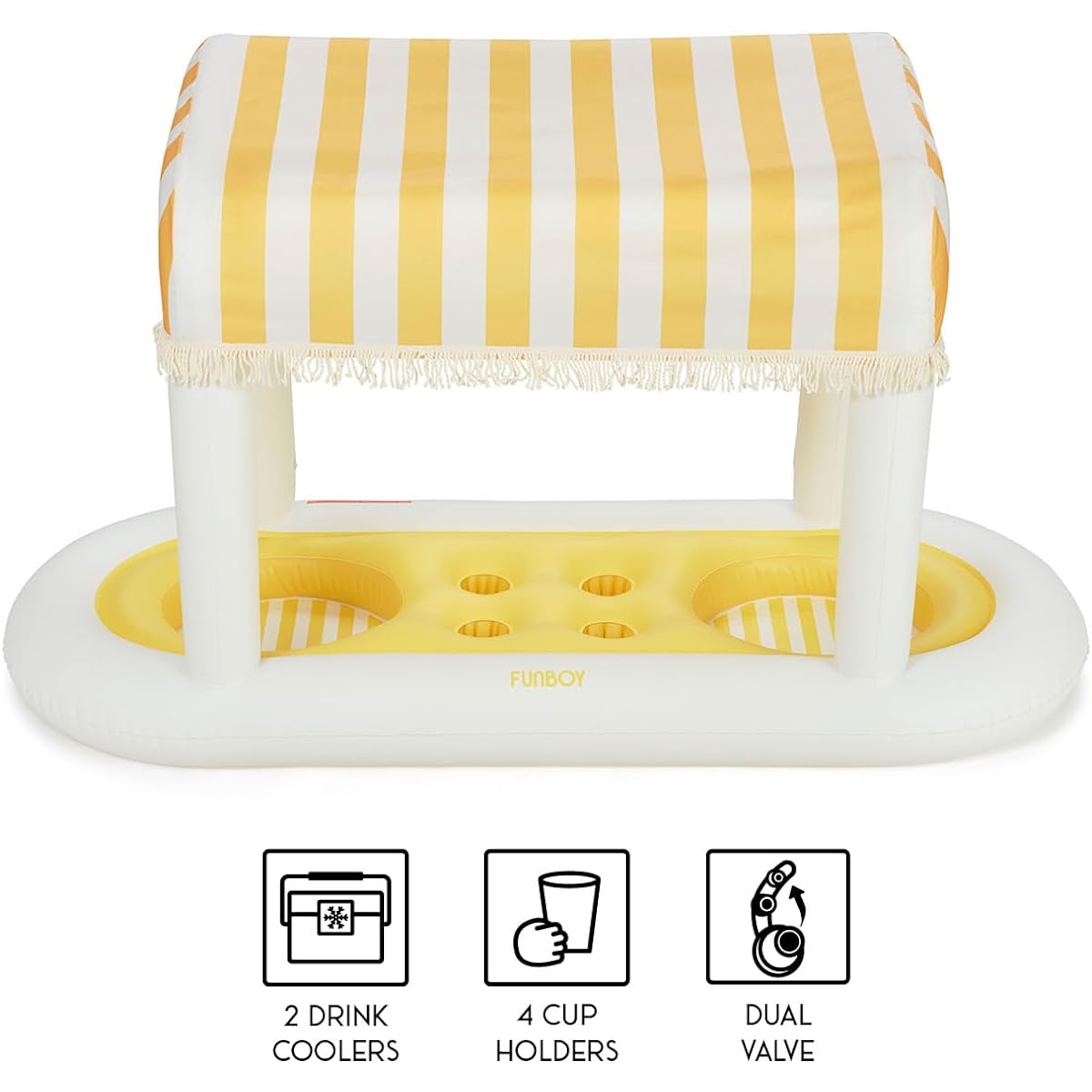 Giant Floating Yellow Cabana Striped Drink Station with Removable Fabric Shade and Fringe, Party Table Top Decoration, Perfect for In-Pool Refreshments