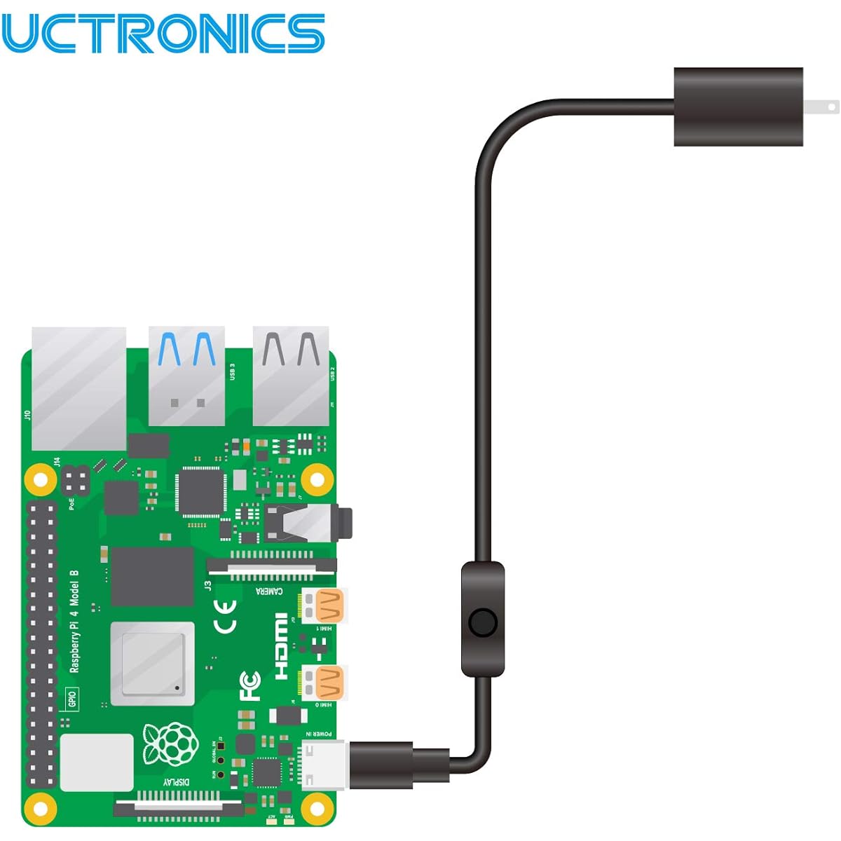UCTRONICS Raspberry Pi 4 Power Supply with Switch 5V 3A USB Type C Charger Adapter with 3.3ft On/Off Switch Cable Black