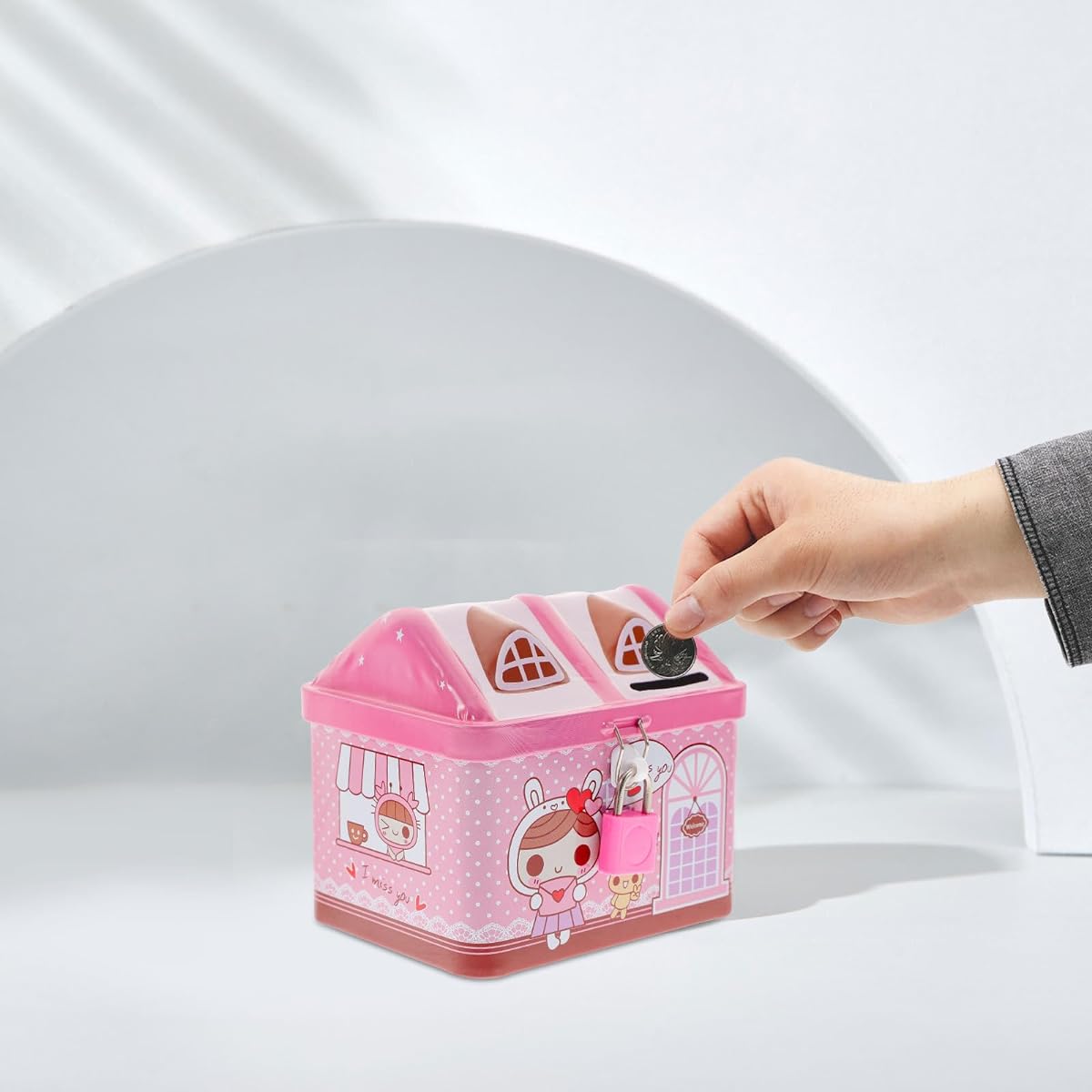 ibasenice Piggy Bank with Lock House Shape Piggy Bank Money Box Toy Metal Tin Storage Box for Boys and Girls Pink