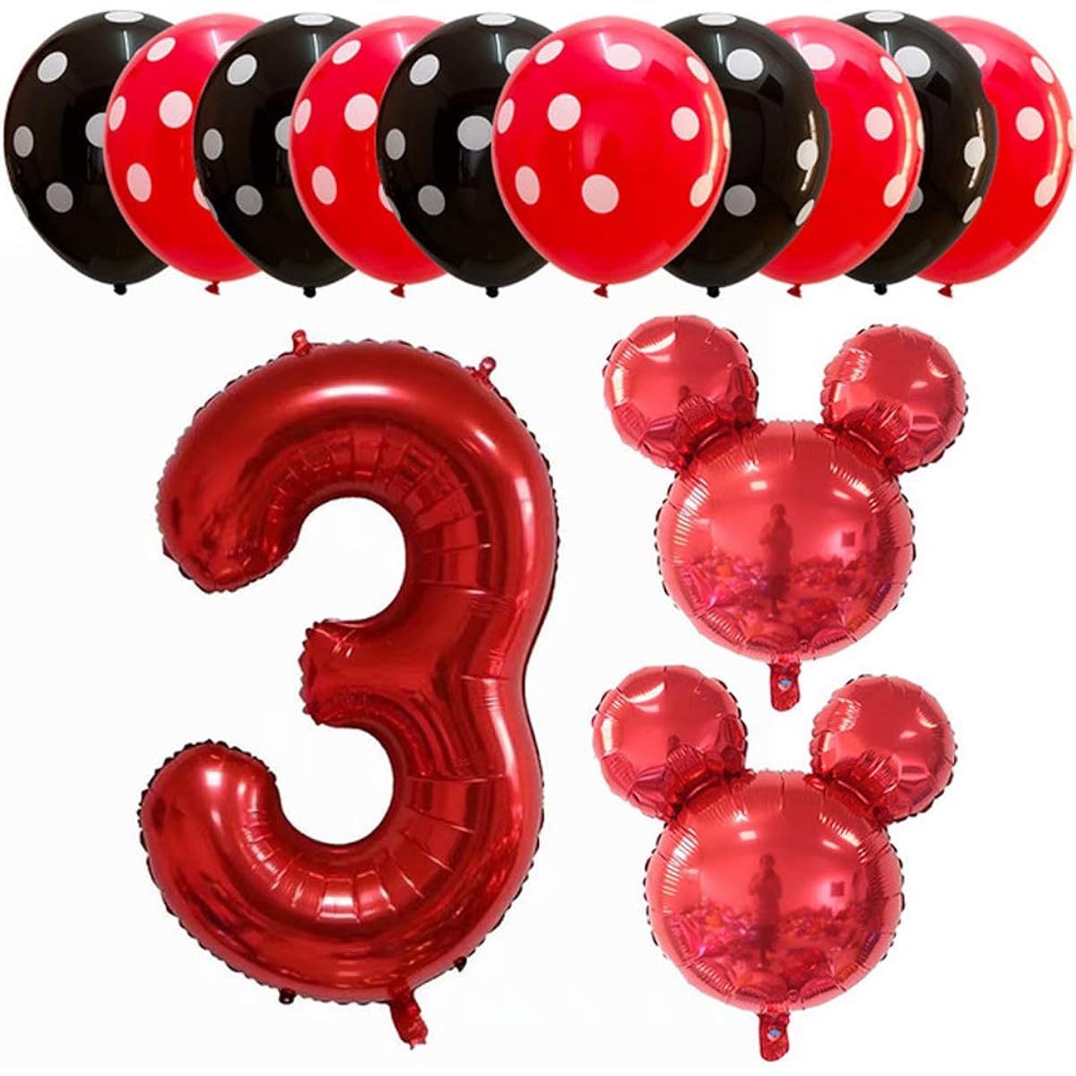 Hongkai Red Mouse 3rd Birthday Girl Decorations Foil Balloons Set, 32 Inch Red Number 3 Mylar Balloons for Baby 3rd Birthday Kids Happy Birthday Party Supplies
