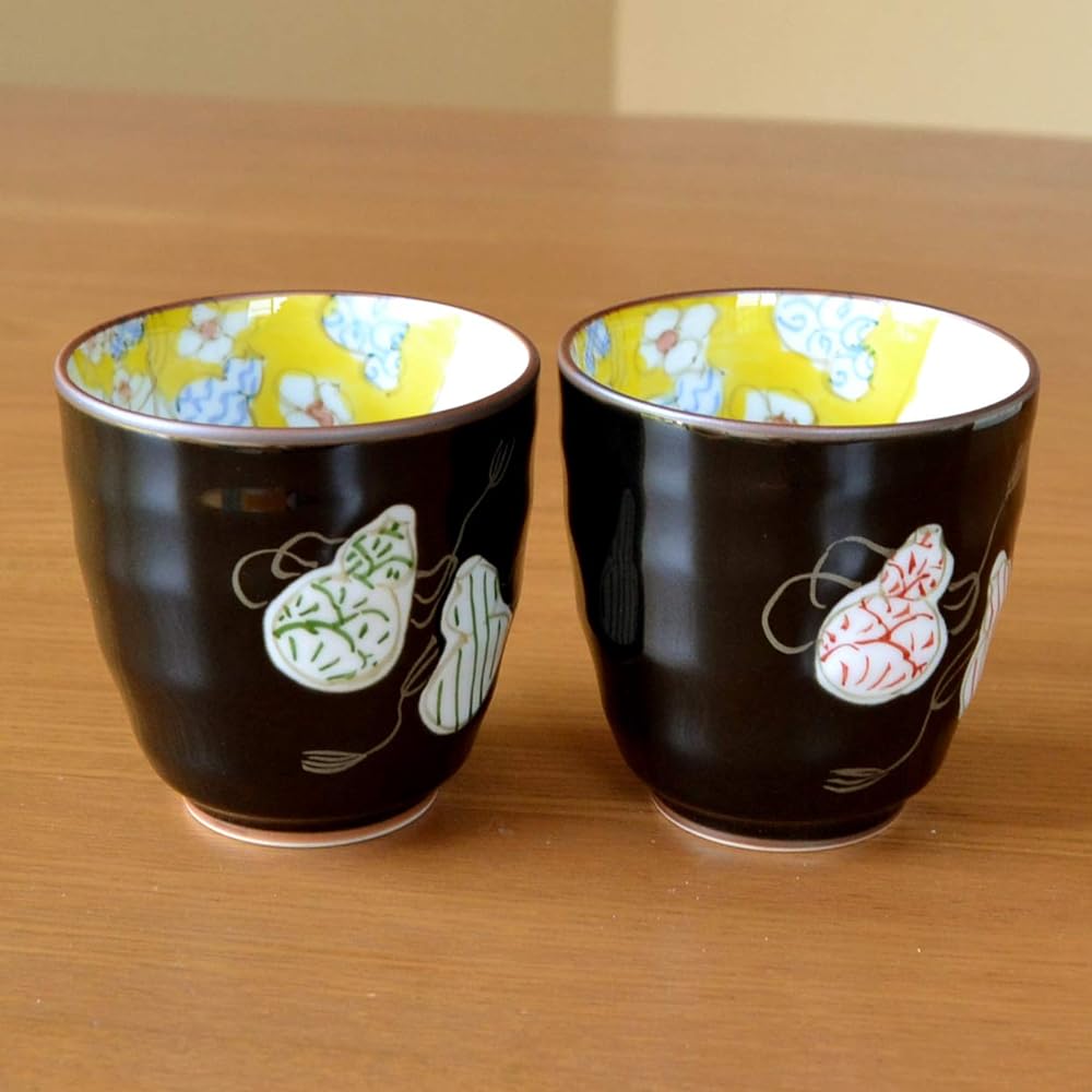 Golden wedding present, auspicious gift for good health, pair of Arita ware teacups, couple's teacups, six gourd colors, gift card and message card included, wooden box