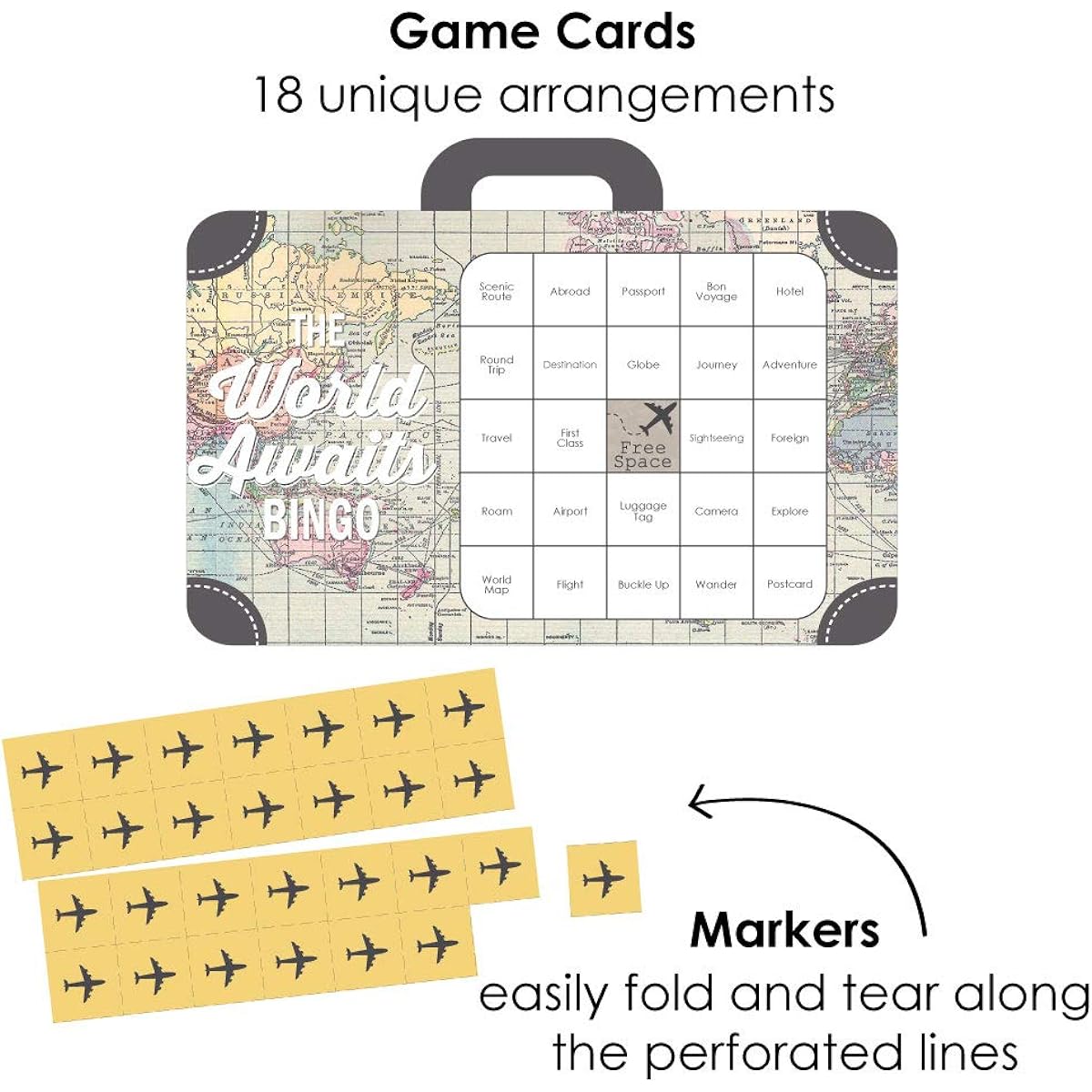 Big Dot of Happiness World Awaits - Bingo Cards and Markers - Travel Themed Party Bingo Game - Set of 18