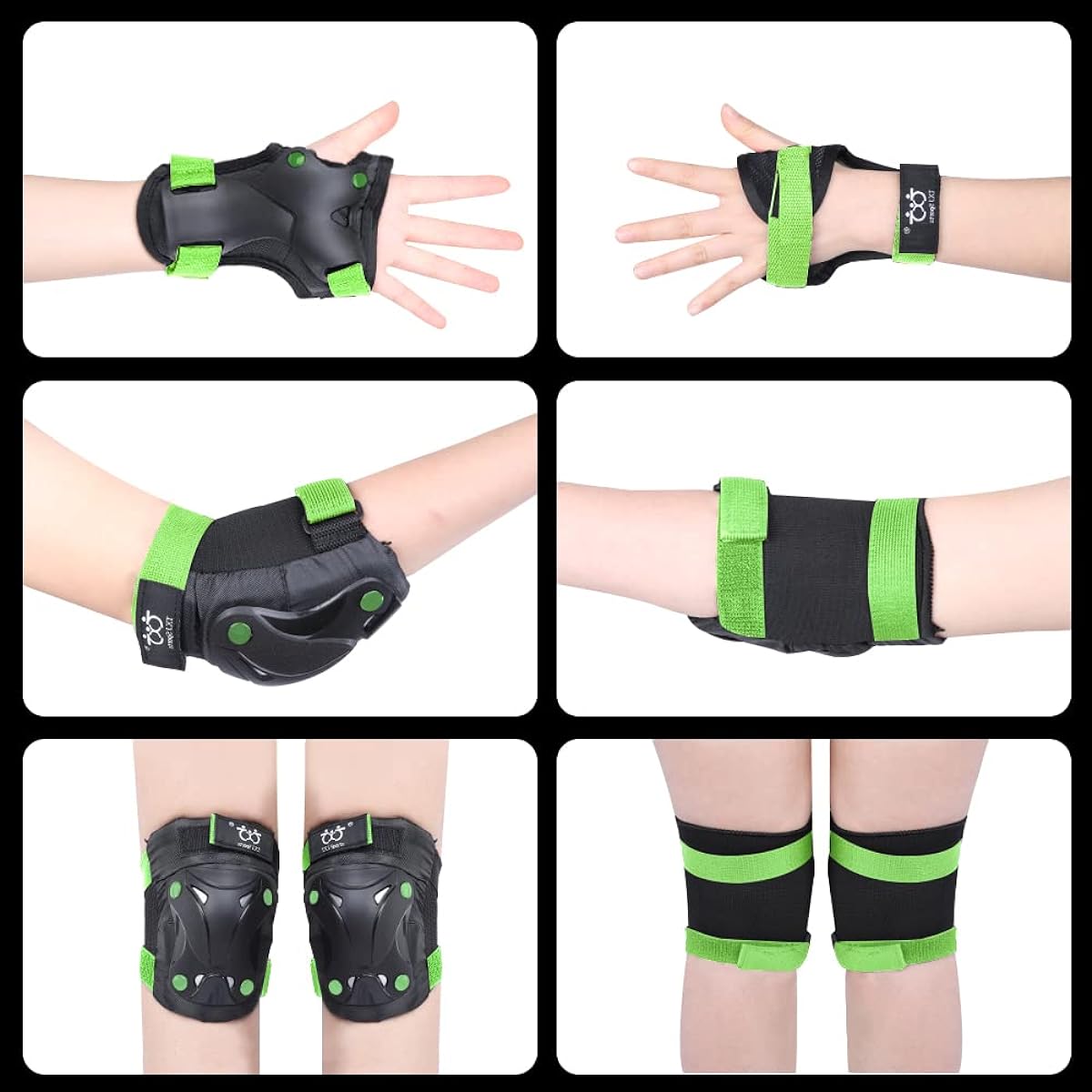 Kids/Adult/Youth Knee and Elbow Pads with Wrist Guards 3 in 1 Protective Gear Set for Skateboarding Cycling BMX Bike Scooter Skating Rollerblading Riding (Black Green, Medium (8-14 Years))