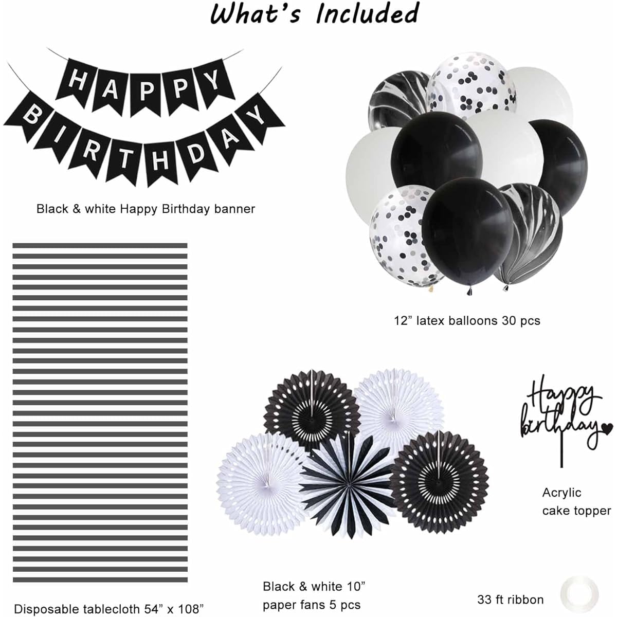 ANSOMO Black & White Happy Birthday Party Decorations Balloons Décor Supplies Banner for Women Men Boys Girls Stripes Tablecloth Paper Fans