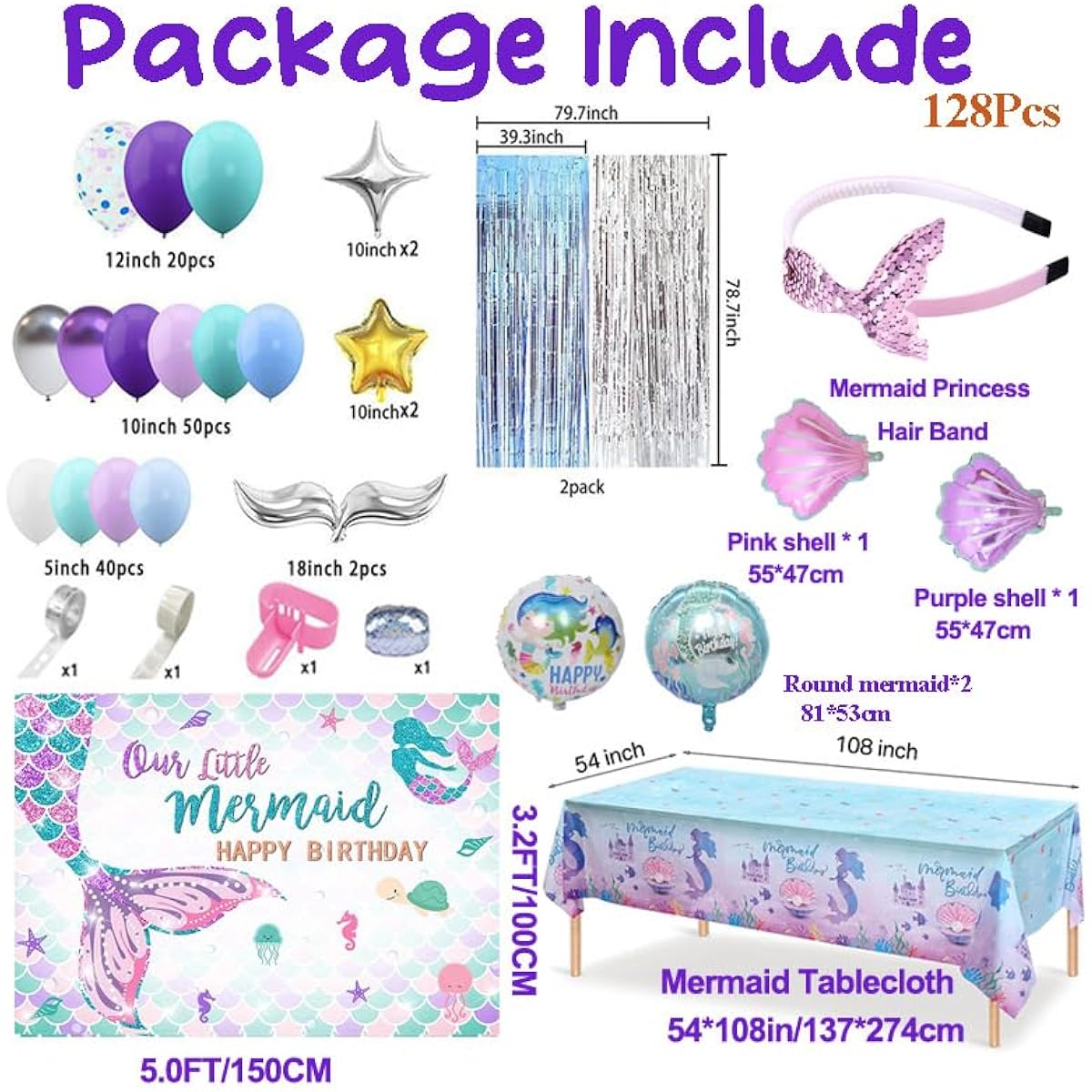 Mermaid Party Decorations Birthday Supplies for Girls Mermaid Balloon Garland Mermaid Backdrop Tablecloth Mermaid Tail Balloon Fringe Curtain Bobo Balloon