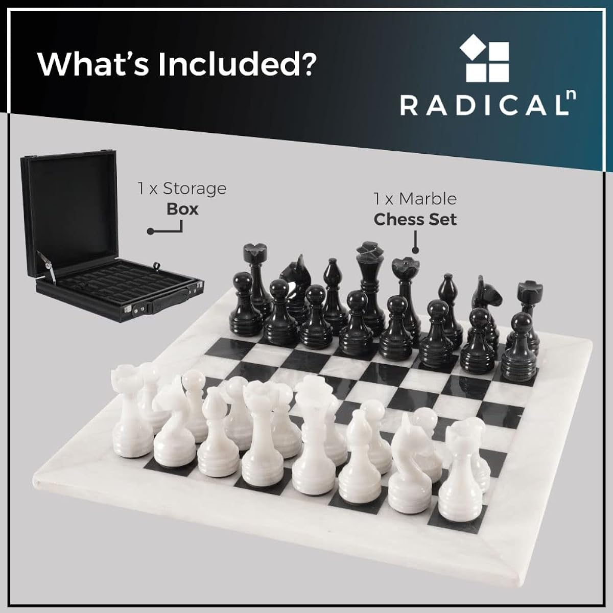 RADICALn 15" Handmade White and Black Weighted Full Chess Game Set with Storage Box - Staunton and Ambassador Style Marble Tournament Chess Set for Adults