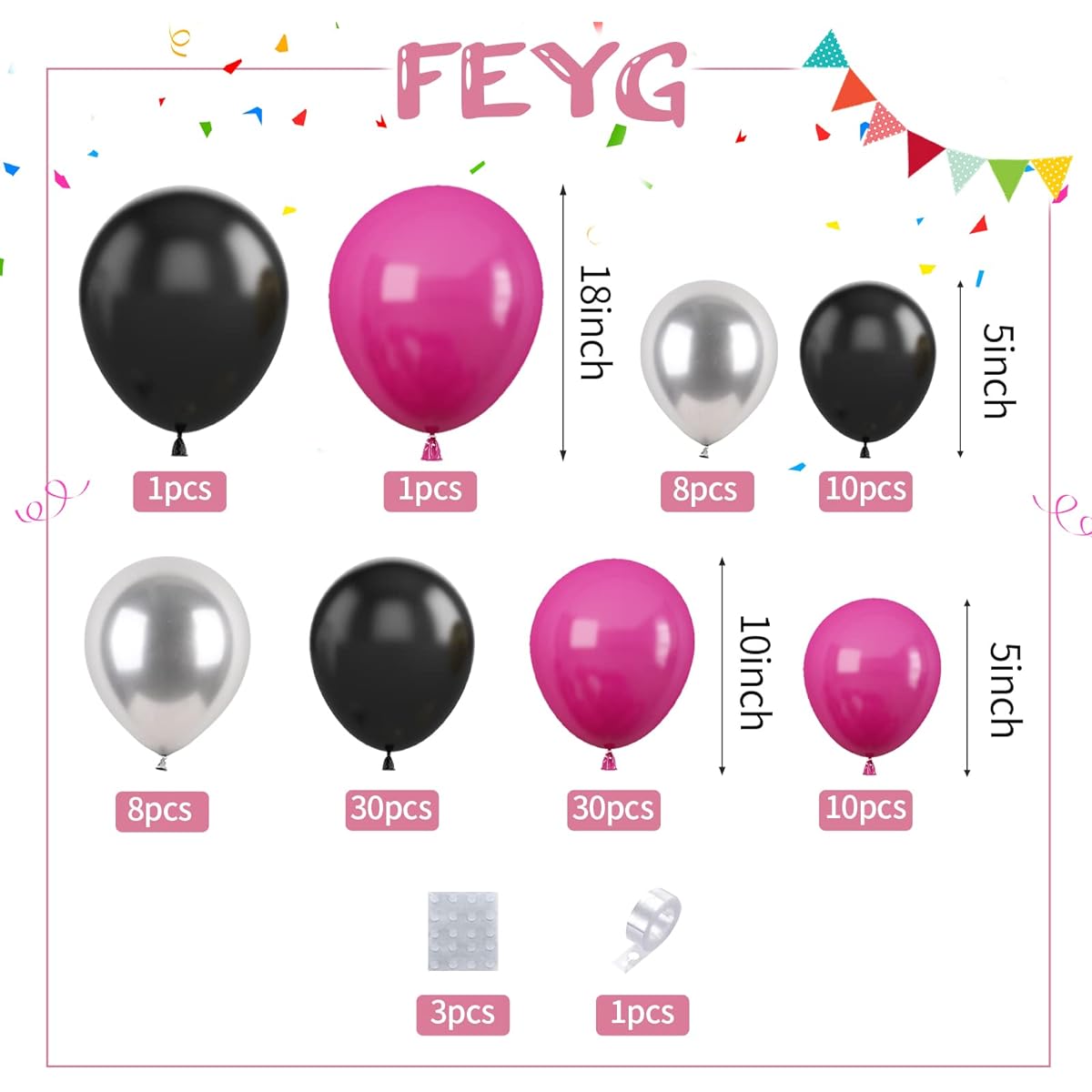 Hot Pink Balloon Arch Kit, Hot Pink Bulk Balloon Garland Kit with Metallic Silver Balloons, Latex Party Balloons for Birthday Decorations, Wedding, Baby Shower, Engagement, DIY Decorations, Party Supplies