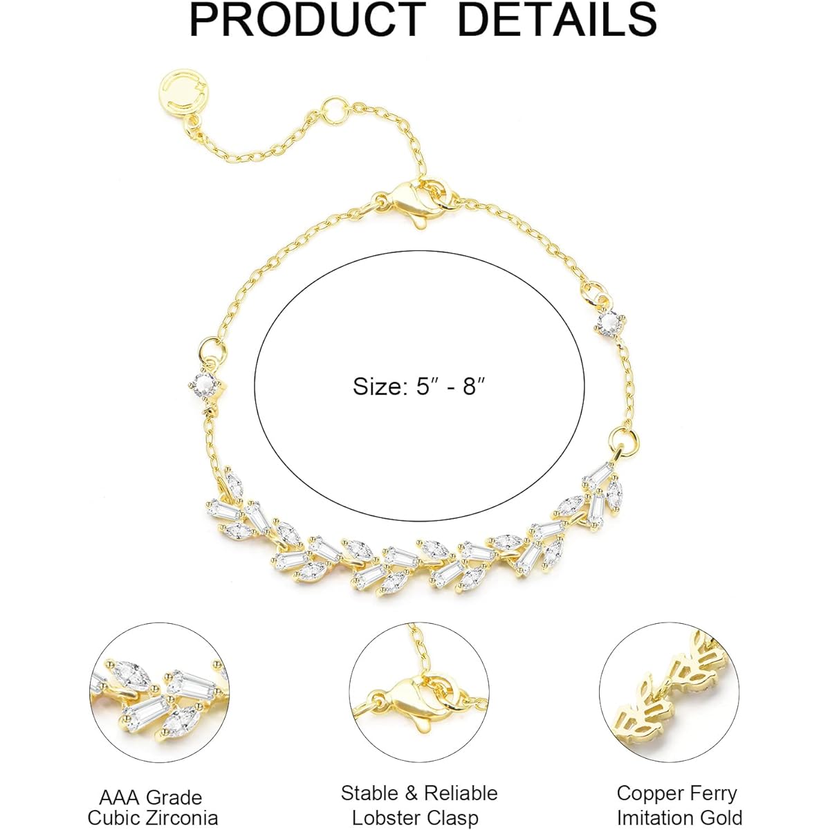 PORYIMEE Tennis Bracelet Women Adjustable Bracelet for Girls Cubic Zirconia Trendy Link Leaf Bracelet Anniversary Christmas Birthday Wedding Jewelry Gift Wife Mother Bride Bridesmaid
