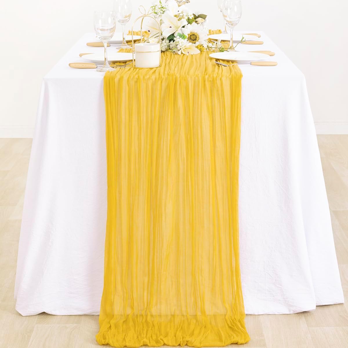 MLMC Gold Cheesecloth Table Runner 10ft Rustic Wrinkled Gauze Boho Table Runner 35x120inch Easter Baby Shower Decor
