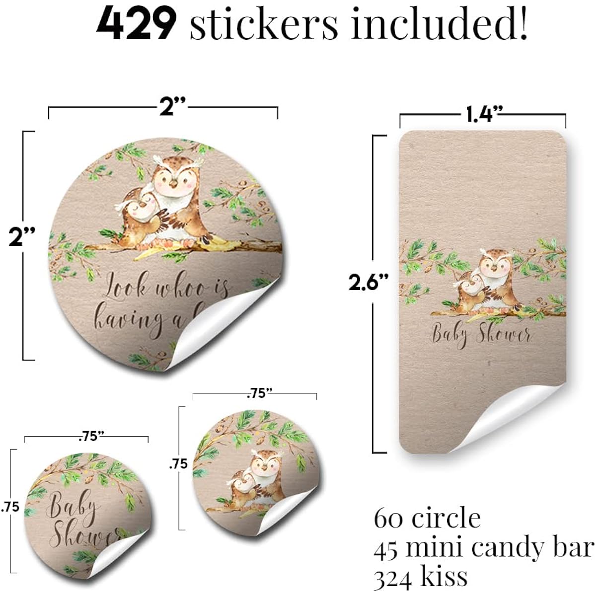 Amanda Creation "Guess Whooo" Owl Gender Neutral Baby Shower Sticker Bundle Kit - 429 Pieces!!! 60 2" Circle Stickers for Favors & Goodie Bags, 45 Mini Candy Bar Wrappers & 324 Round Candy Kiss Stickers