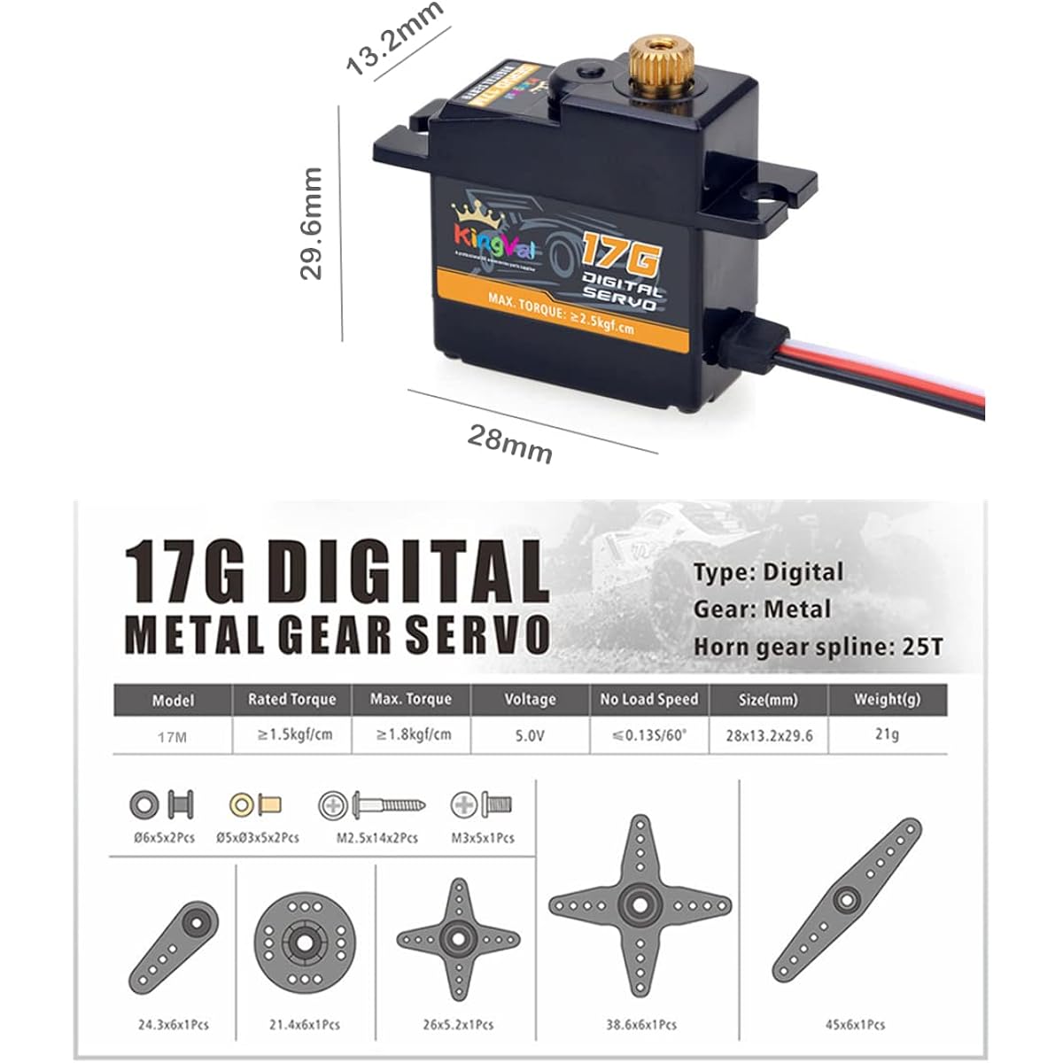 KingVal Replacement 17G Metal Steering Gear Digital Servo Compatible with 1/18 RC Car Ducted Airplane Fixed Wing Robot Boat