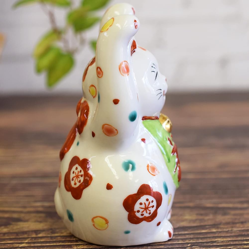 Lucky Cat Ornament Ceramic Kutani Ware Raised Hands Lucky Cat Flower Pattern Feng Shui Good Luck Interior Japanese Style Accessories