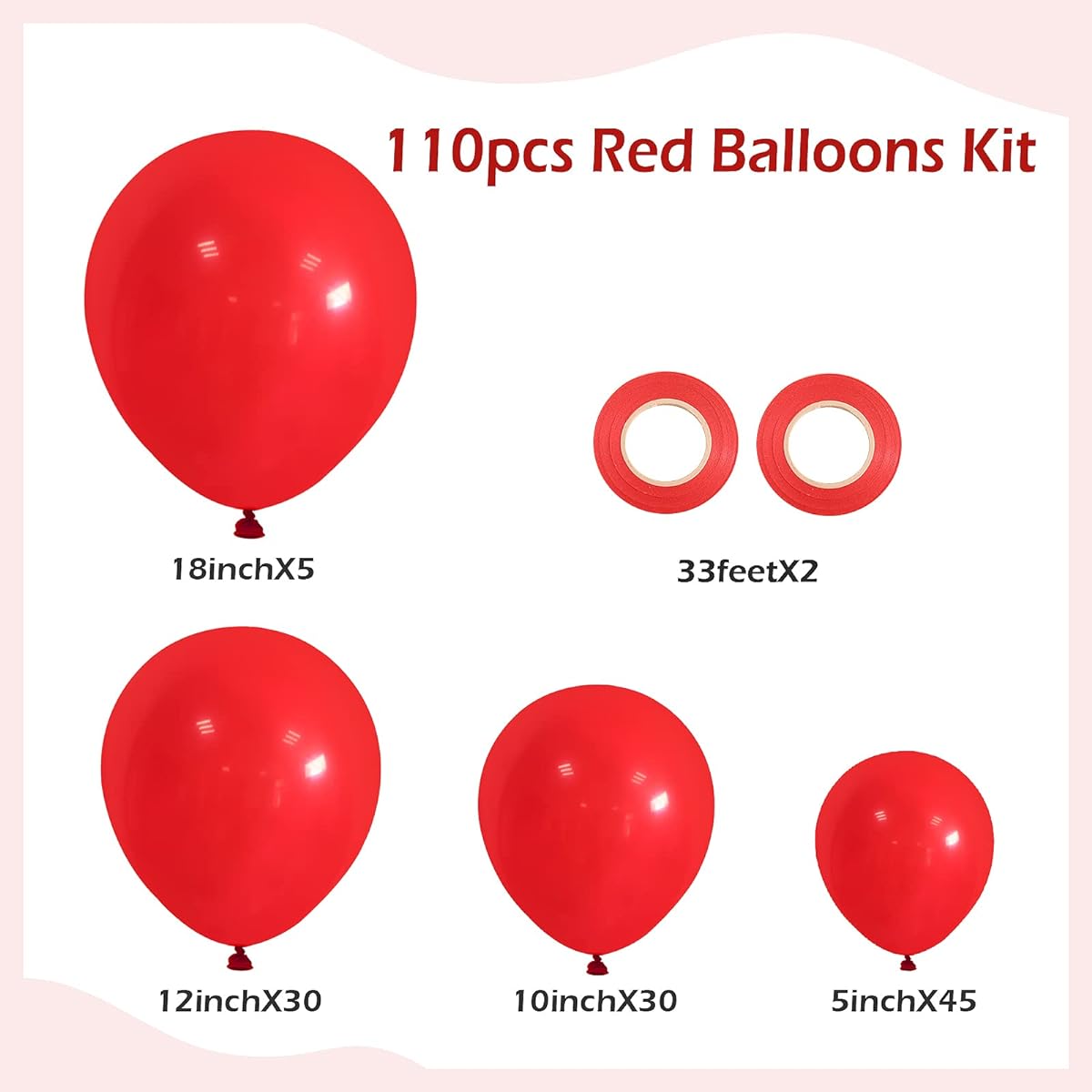 110pcs Red Balloons 18/12/10/5inch Garland Kit Latex Balloons Different Size Pack for Birthday Halloween Graduation Baby Shower Father's Day Party Decorations