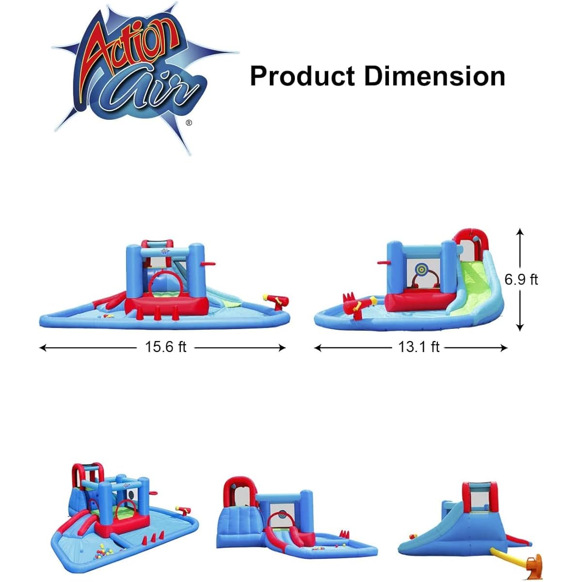 Action Air Water Slide, Inflatable Water Slide Bouncy Castle All in One Big Pool with 30 Pit Balls & 2 Dart Balls, Blue Bounce House with Double Slide for Wet & Dry, Love for Kids