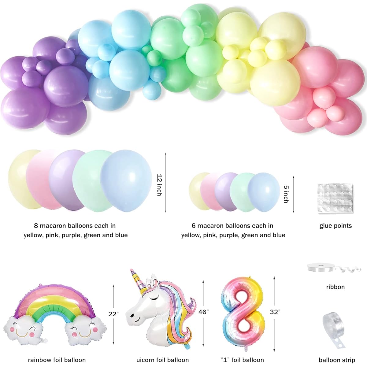Unicorn 8th Birthday Party Decorations for Girls Hombae 8th Birthday Party Supplies Kit Rainbow Birthday Banner Balloon Garland, No.8 Foil Balloon, Macaron Tinsel Curtain