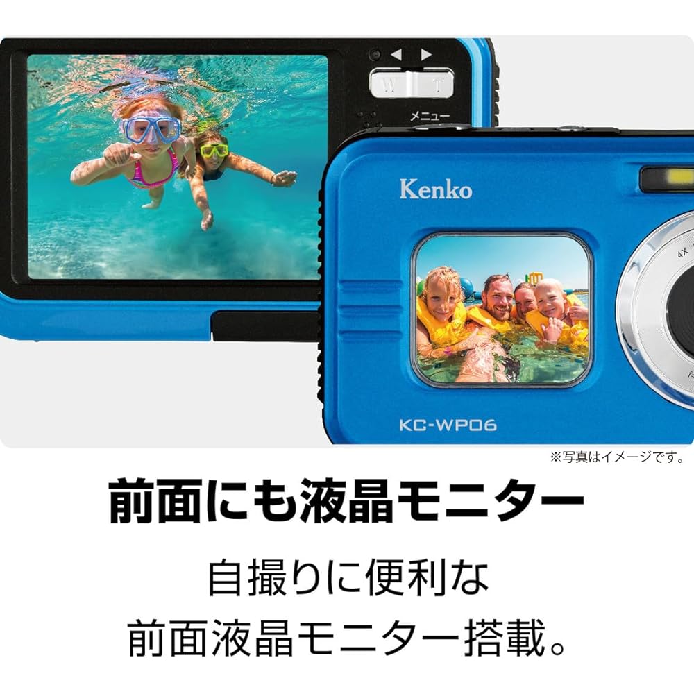 Kenko Waterproof Compact Camera KC-WP06 ST Set of 2 Batteries, IP58 Dustproof and Waterproof Performance, Wide Angle 25.5mm, Equipped with Front Monitor, 2.7K Video Recording, Blue 163566