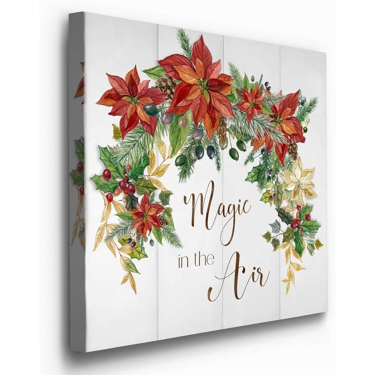 Renditions Gallery Magic in the Air Wreath Wall Art Christmas & Winter Artwork Festive Poinsettia Red Green Premium Gallery Wrapped Canvas Decor Ready to Hang 32" H x 32" W Made in the USA