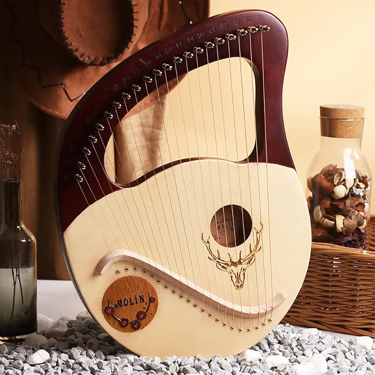 WowZza Stringed Lyre, Mahogany Lyre with Durable Gig Bag and Tuning Wrench, Musical Instrument for Adults/Kids/Purple-Red