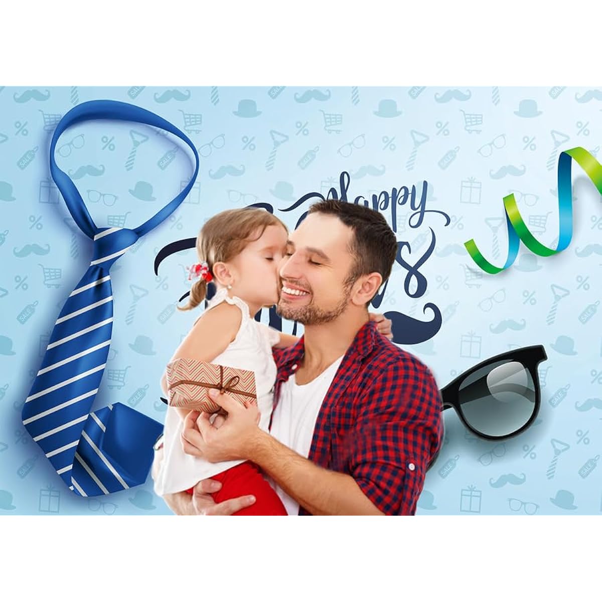 CYLYH 10x8ft Happy Father's Day Backdrop Tie and Glasses Blue Background Father's Day Family Prom Father's Day Party Supplies Decorations Banner D532