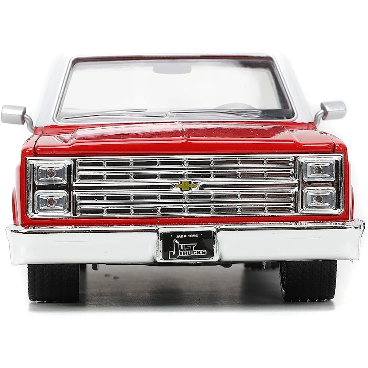 Just Trucks 1:24 1985 Chevy C10 Die Cast Truck with Tire Rack Toy for Kids and Adults (Red/White)