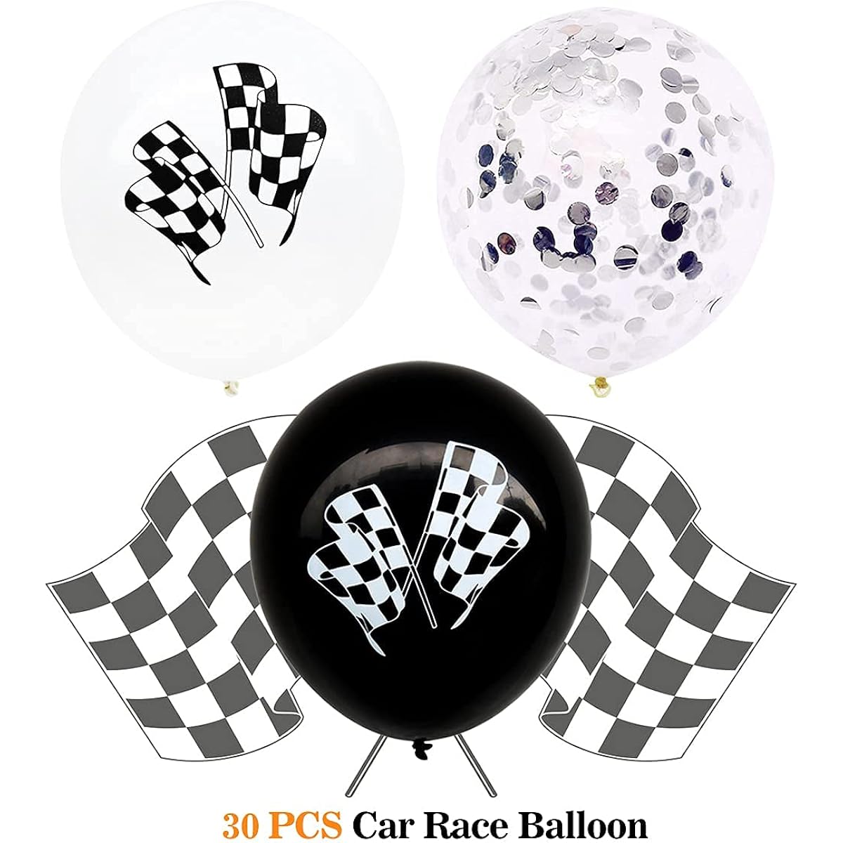 30pcs Checkered Race Car Latex Balloons Racing Car Theme Black & White Flag Balloons Confetti Balloons for Kids Boys Birthday Party 12inch
