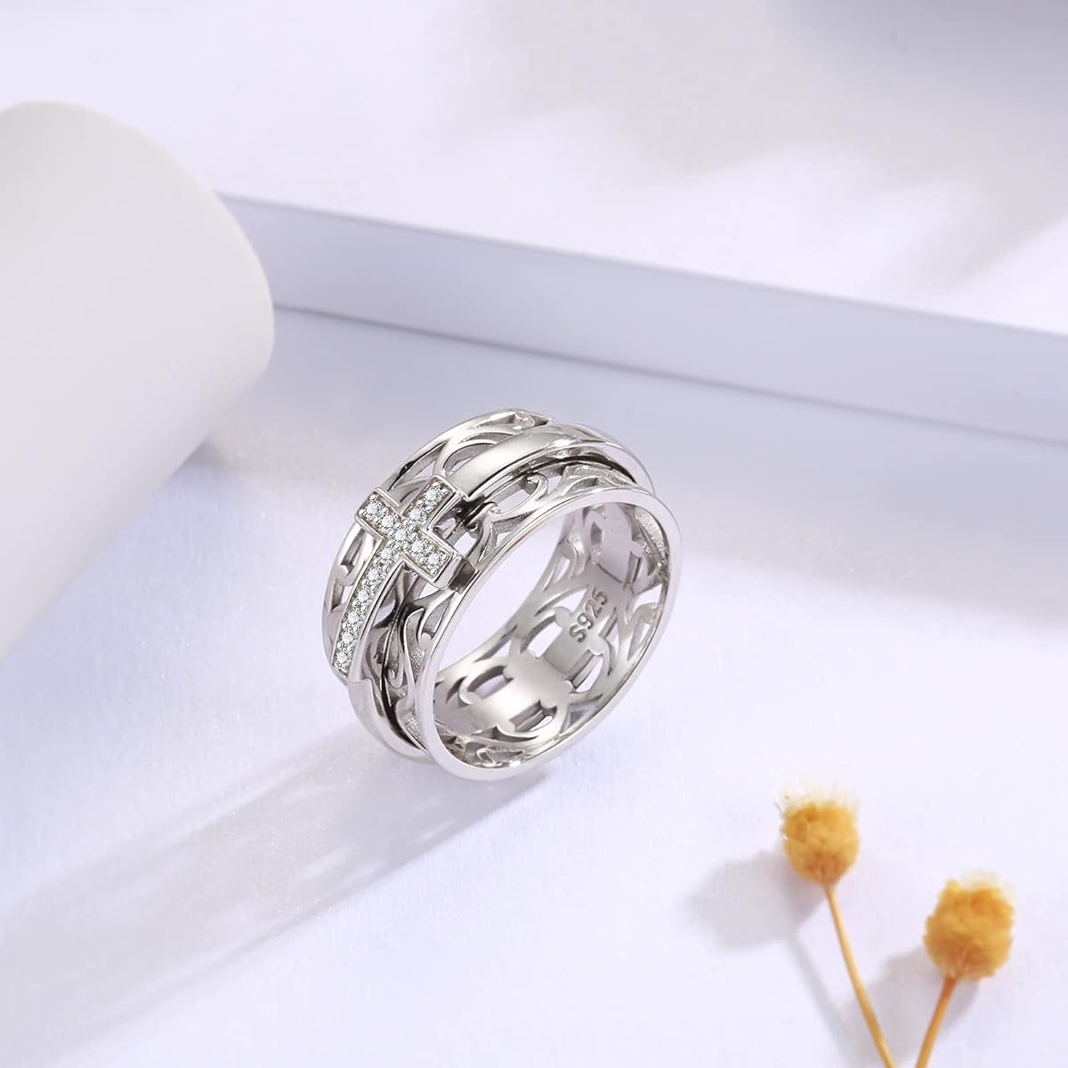 Sterling Silver Cross Fidget Ring Fidget Spinning Meditation Ring for Women Anxiety Relief Stress Relief