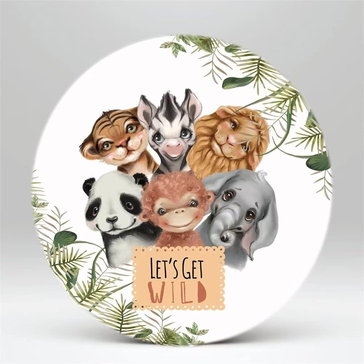 ittsmnt Floral Zoo Animals Round Backdrop Cover Let's get Wild Jungle Safari Party Round Cover Background Birthday Decoration Photo Photo Booth Circle Round Banner 8ft Diameter NO55