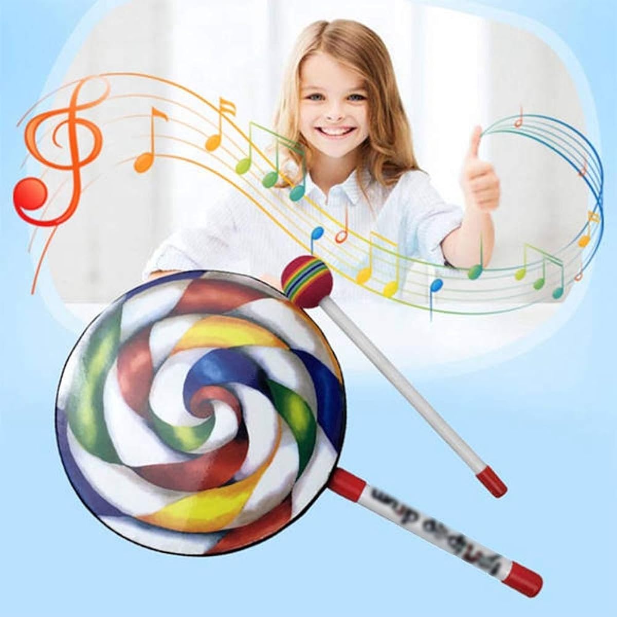 10 Pieces Kids Percussion Lollipop Drum, Mallet Musical Sound Toy Instrument for Boys Girls Gift, 8 Inch Diameter