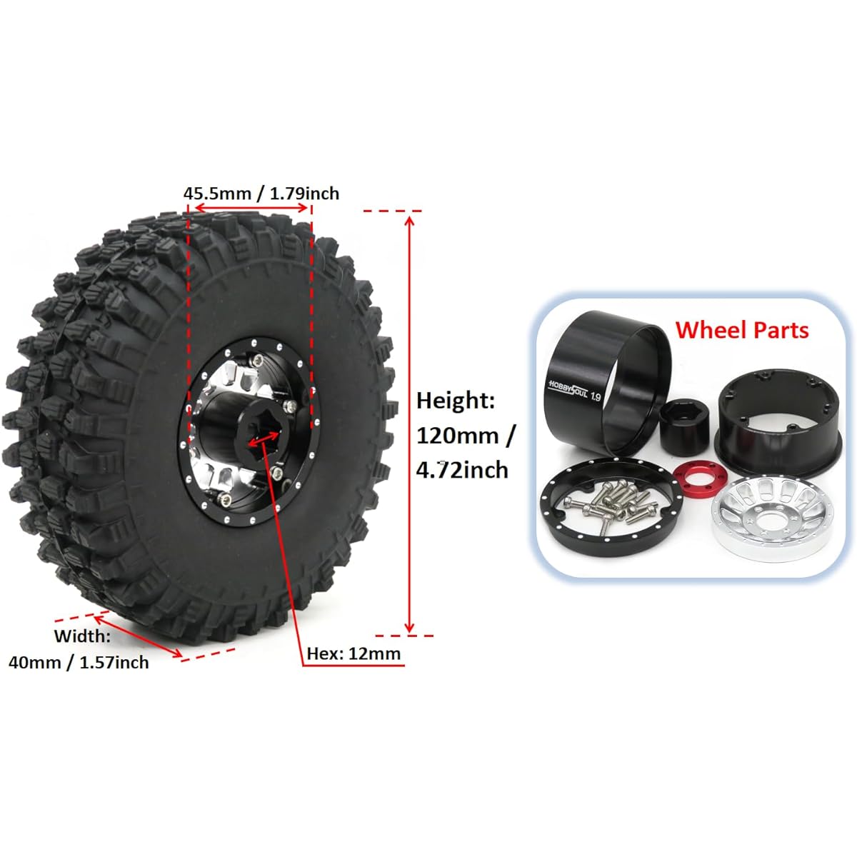 HOBBYSOUL RC Adjustable 4 Offset 1.9 Beadlock Wheels and Tires Aluminum Black Silver 1.9 RC Rims and Tires 120mm Height for 1:10 Mud Crawler TRX4 SCX10 Gen8 (4 Pack)