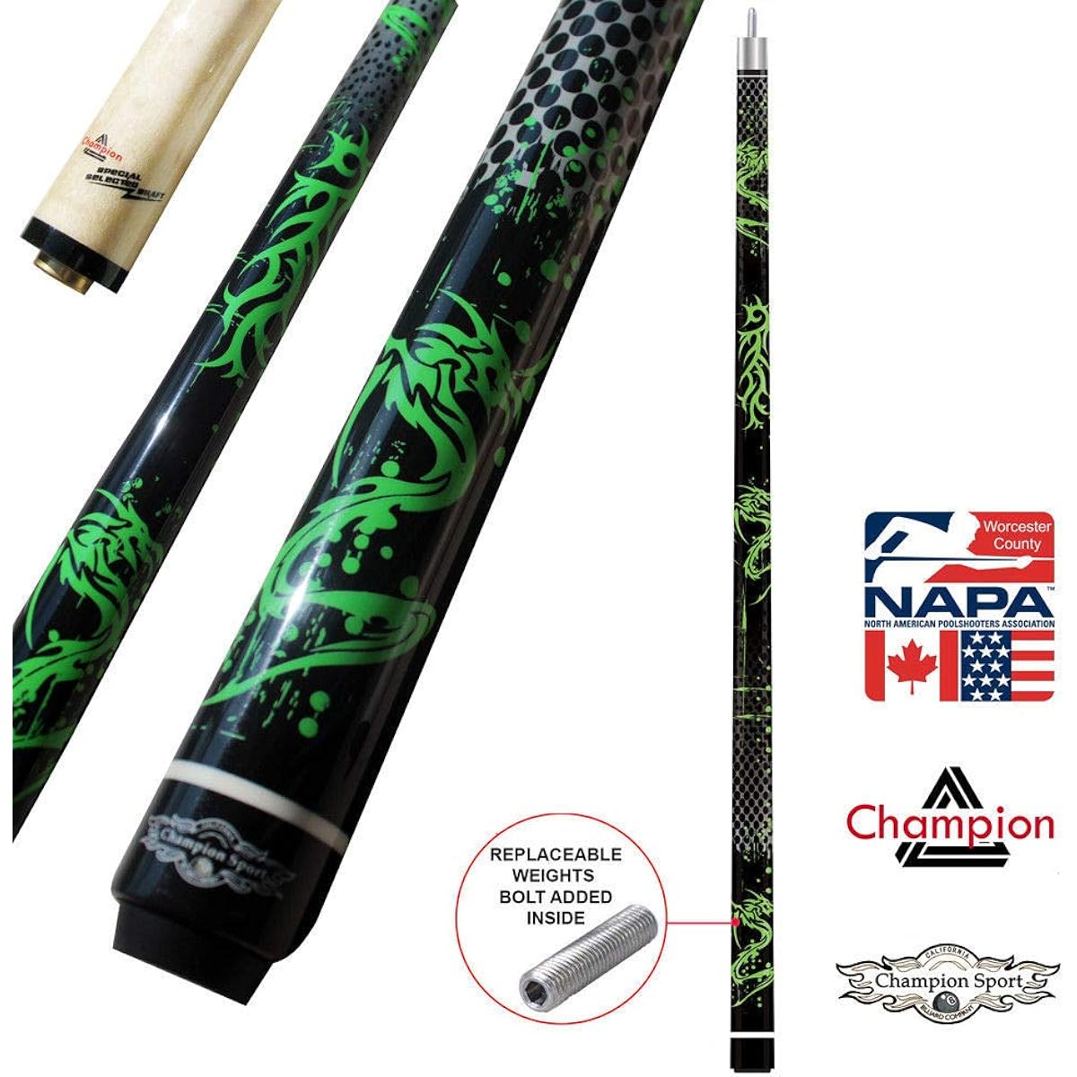 Champion Green Dragon Pool Cue Stick Billiard Gloves Predator 314 Taper 12.75mm Retail Price 19 oz