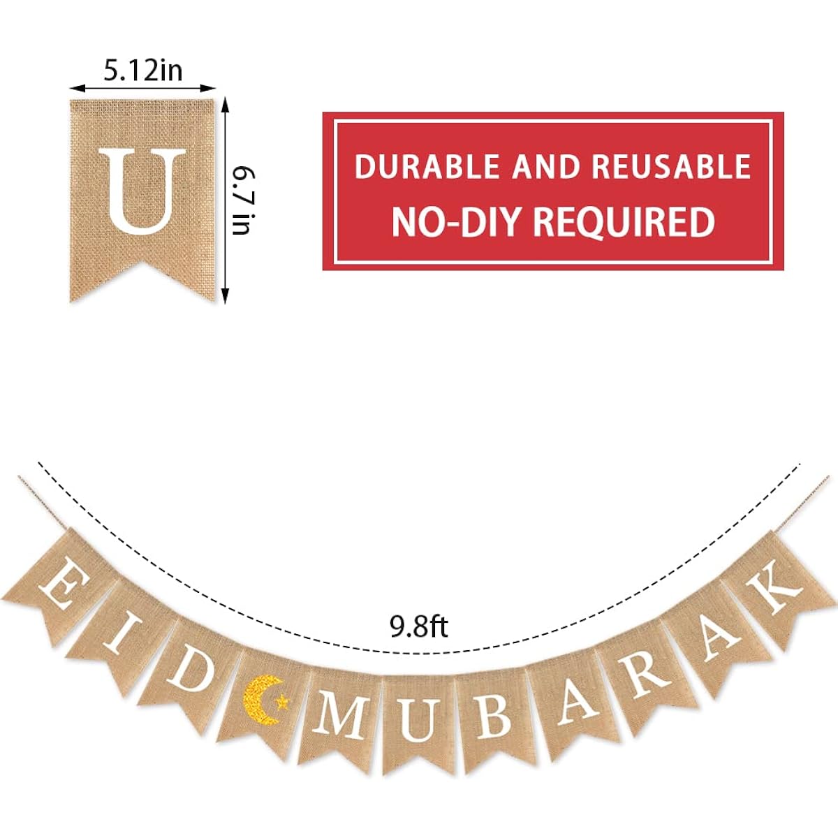 Jute Burlap Eid Mubarak Banner Muslim Party Supplies Home Decor Mantel Fireplace Moon and Stars Ramadan Home Fireplace Decor (1pc)